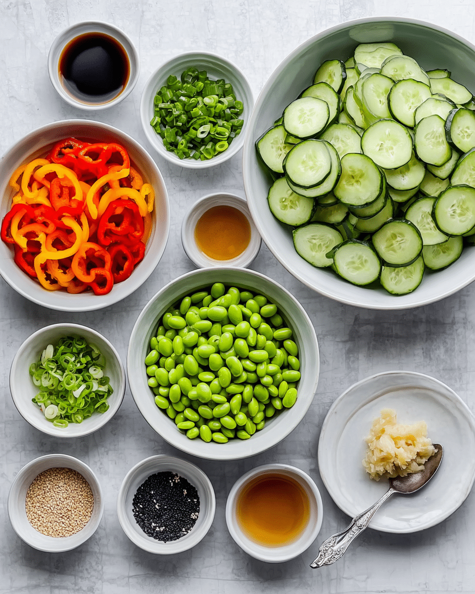 The image shows several white bowls on a white marbled surface, each holding different fresh ingredients. One large bowl is filled with thin cucumber slices evenly layered, showing dark green edges and pale green centers. Another large bowl contains bright green edamame beans, with smooth texture and shiny skin. A nearby bowl holds mixed rings of red, orange, and yellow bell peppers, with a slight gloss and vibrant colors. Small bowls around them include chopped green herbs, sliced green onions, a mixture of black and white sesame seeds, and small portions of different liquids in light amber, golden yellow, and dark brown colors. A small white plate holds pale garlic paste and finely grated garlic, with a silver spoon resting on it. Everything is neatly arranged, capturing fresh colors and textures clearly. Photo taken with an iphone --ar 4:5 --v 7