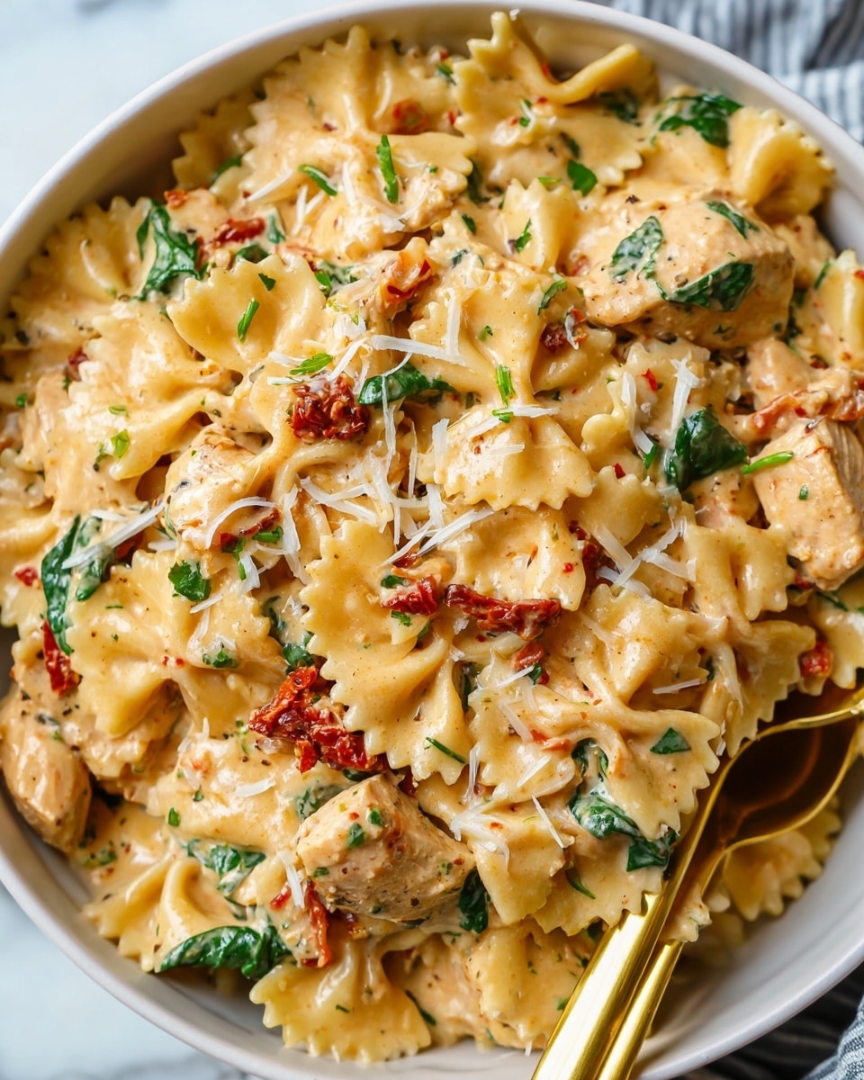 A full white round bowl filled with creamy bow-tie pasta layered with small chunks of cooked chicken, bits of red sun-dried tomatoes, and sprinkled with green basil leaves and grated light yellow cheese on top, the creamy sauce has a soft orange tint covering the pasta evenly, sitting on a white marbled surface with a grey and white striped cloth under the bowl and a gold fork placed beside it; in the background, a woman's hand is about to pick the fork photo taken with an iphone --ar 4:5 --v 7
