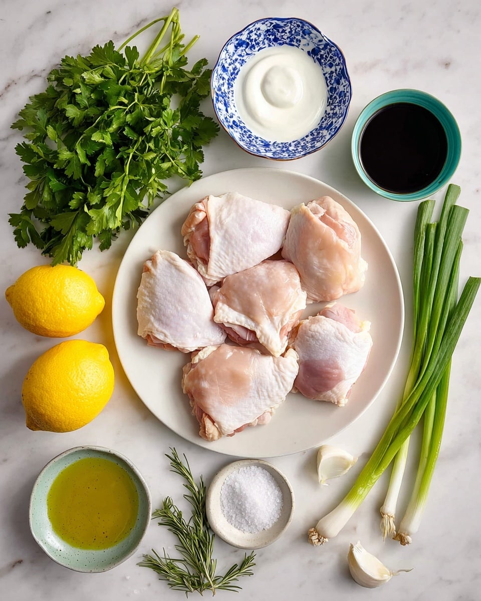 A white plate holds seven pieces of raw chicken thighs with a light pink color and some white fat edges, placed on a white marbled surface. Around the plate are several ingredients: a small white bowl filled with coarse white salt at the bottom center, a small light blue bowl with olive oil to its left, two bright yellow lemons beside each other above the salt bowl, a small patterned bowl filled with dark soy sauce above the lemons, and a blue-patterned bowl with thick white yogurt to the top left. Fresh green herbs are scattered around, including a bunch of flat-leaf parsley next to the soy sauce, a bunch of cilantro below the lemons and parsley, and a sprig of rosemary below the cilantro. To the far right, there are three green onions with white bulbs and two peeled garlic cloves near the top right. The photo taken with an iphone --ar 4:5 --v 7