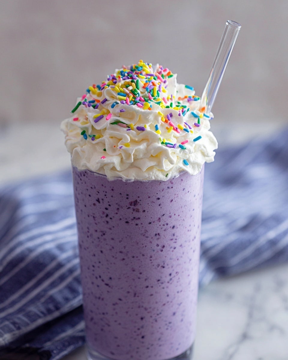 A tall clear glass filled with a thick purple smoothie as the bottom layer, showing small dark specks throughout the texture. On top, there is a large dollop of white whipped cream piled high with soft, fluffy texture. The whipped cream is decorated with bright, colorful sprinkles in yellow, green, blue, pink, orange, and purple scattered all over. A transparent glass straw is placed inside the smoothie on the right side, slightly tilted. The glass sits on a white marbled surface with a blue and white striped cloth in the blurred background. photo taken with an iphone --ar 4:5 --v 7