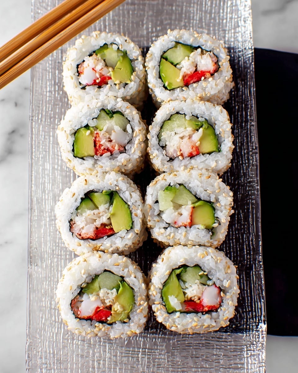 The image shows eight sushi rolls arranged in two vertical rows on a clear textured glass plate set on a white marbled surface. Each sushi roll has three layers: the inside layer contains pieces of red and white crab stick, bright green avocado, and pale cucumber; this is wrapped with a dark green seaweed layer, and the outside is covered with white rice sprinkled evenly with light tan sesame seeds. The scene includes a pair of wooden chopsticks placed diagonally at the top left corner of the plate. photo taken with an iphone --ar 4:5 --v 7