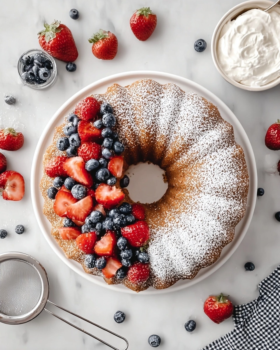 A round bundt cake with a light brown color dusted with white powdered sugar covers most of the top surface. One half of the cake is decorated with fresh strawberries and blueberries placed in a dense cluster, with strawberries mostly red and blueberries dark blue, adding bright contrast. The cake sits on a white plate, and around it, there are scattered strawberries and blueberries. To the top right, there is a bowl of whipped cream with a spoon, and near the bottom left, a small metal sifter with some powdered sugar is visible. The whole scene is set on a white marbled surface with a black and white checkered cloth partially visible on the bottom right. Photo taken with an iphone --ar 4:5 --v 7