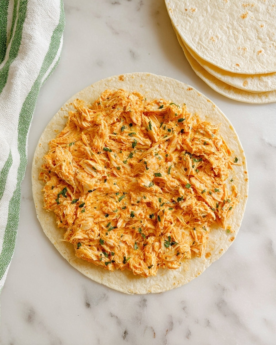 A close-up shot of a single round tortilla laid flat on a white marbled surface, topped with a spread of mixed orange shredded chicken with small green herb pieces evenly mixed in, covering almost the entire tortilla except for a small edge around the rim; two plain round white tortillas are stacked and placed to the top right, and a green and white striped cloth is partially visible in the top left corner, photo taken with an iphone --ar 4:5 --v 7