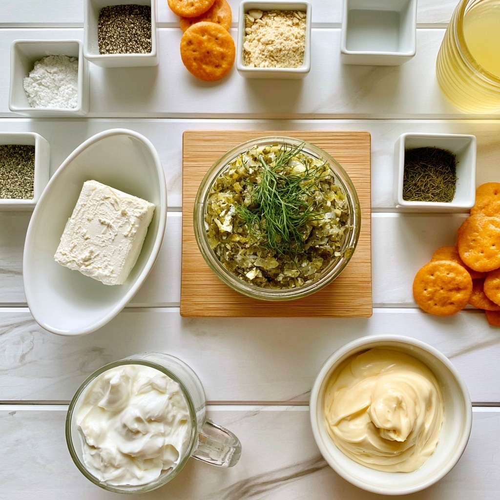 The image shows a white wooden table with a small wooden cutting board in the center holding a glass jar filled with chopped dill pickles or relish, topped with fresh green dill. To the left of the board, there is an oval white bowl with a block of cream cheese, and below it, a clear mug with white sour cream. To the right at the bottom is a round white bowl with pale mayo. Around the board are small square white bowls containing various seasonings: onion powder salt and pepper at the top left, garlic powder at the top center with a few orange round crackers nearby, dill pickle juice at the top right, dried dill weed at the middle right with orange crackers below them, and ranch seasoning at the middle left. The whole scene sits on a white marbled surface with even light and clarity. Photo taken with an iphone --ar 4:5 --v 7