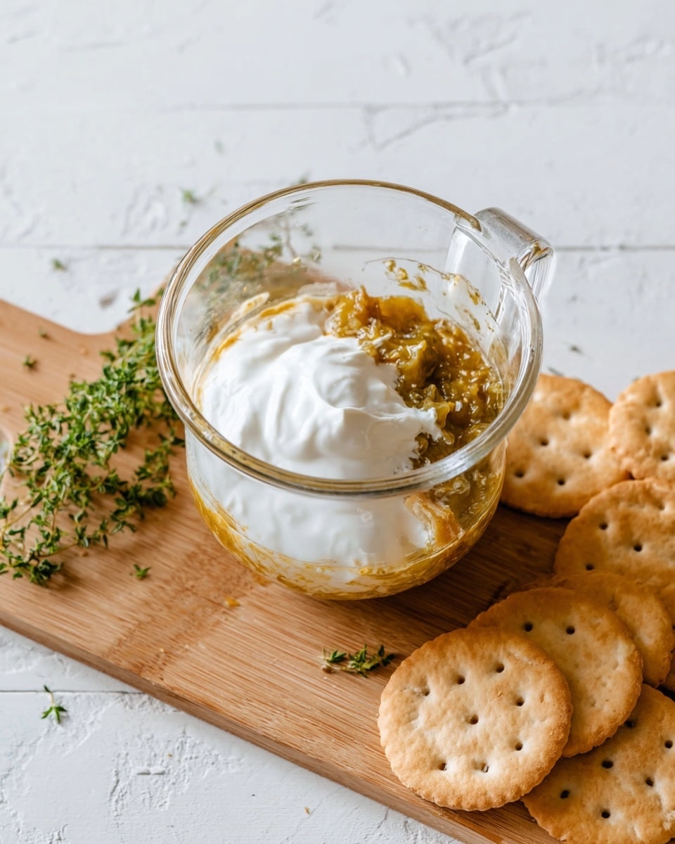 A clear glass measuring cup rests on a light wooden board, placed on a white marbled surface. Inside the cup are two visible layers: a bottom layer of golden, slightly chunky relish with pieces of vegetables, topped by a smooth, thick white layer of cream or sour cream. Around the wooden board, several light beige, round, crunchy crackers with small holes are spread out. A small bunch of fresh green herbs is near the top left corner of the wooden board. Photo taken with an iphone --ar 4:5 --v 7