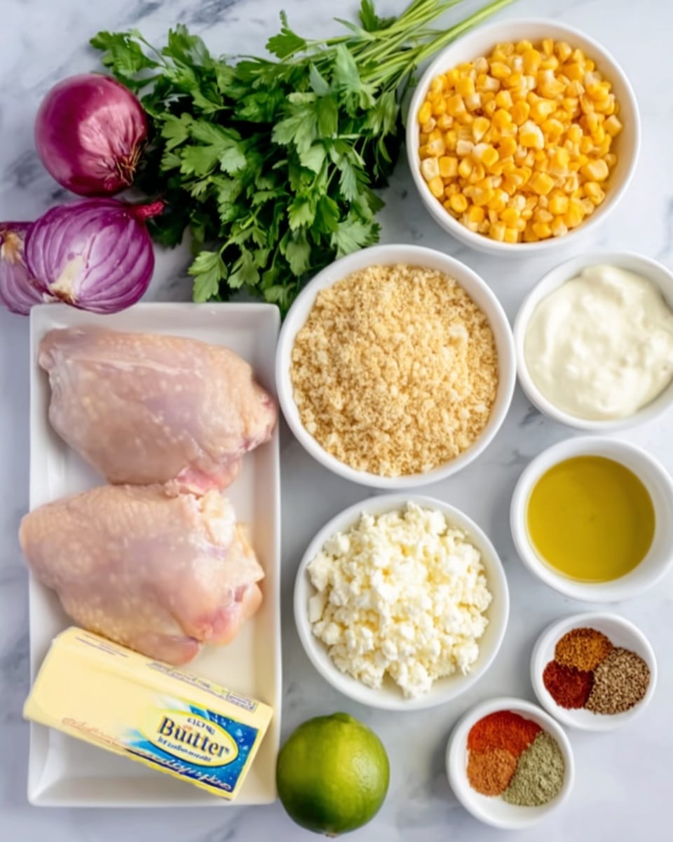 The image shows ingredients laid out on a white marbled surface. In the center is a rectangular white plate with two raw, pale pink chicken pieces. Around it are several small white bowls: one filled with light brown breadcrumbs, another with crumbled white cheese, a third with a creamy off-white sauce, and a fourth with small bright yellow corn kernels. To the left of the plate is a bunch of green parsley and a whole purple onion with its root side showing. A small white bowl holds a clear yellow liquid, likely oil, and beside it is a bright green lime. Below these is a stick of unsalted butter in yellow packaging with blue text. A small white bowl contains various colorful spices including red, brown, and cream powders. Photo taken with an iphone --ar 4:5 --v 7
