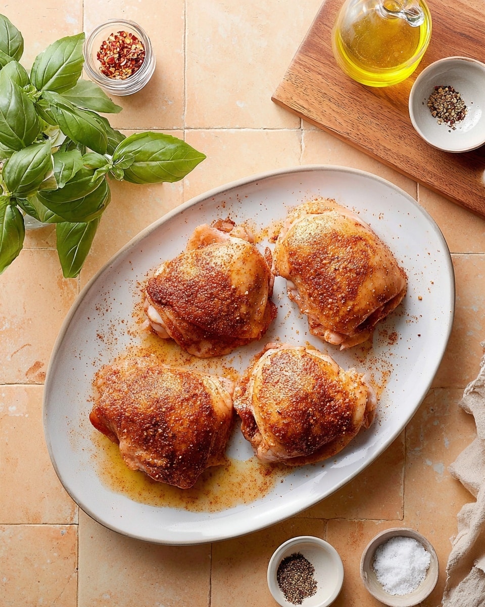 Four pieces of raw chicken thighs sit on a large white oval plate, arranged in two rows with two pieces each. The chicken is covered with a reddish-brown spice rub giving it a textured, slightly glistening look. Around the plate, there are light spice stains and a small pool of marinade. The plate rests on a tan tiled surface with a wooden board nearby holding fresh green basil leaves, a small glass container of red chili flakes, a small bowl of salt, and a bottle of yellow oil. Three small white speckled bowls with salt, pepper, and another spice are placed near the top right. The whole setting is bright and neatly arranged, photo taken with an iphone --ar 4:5 --v 7