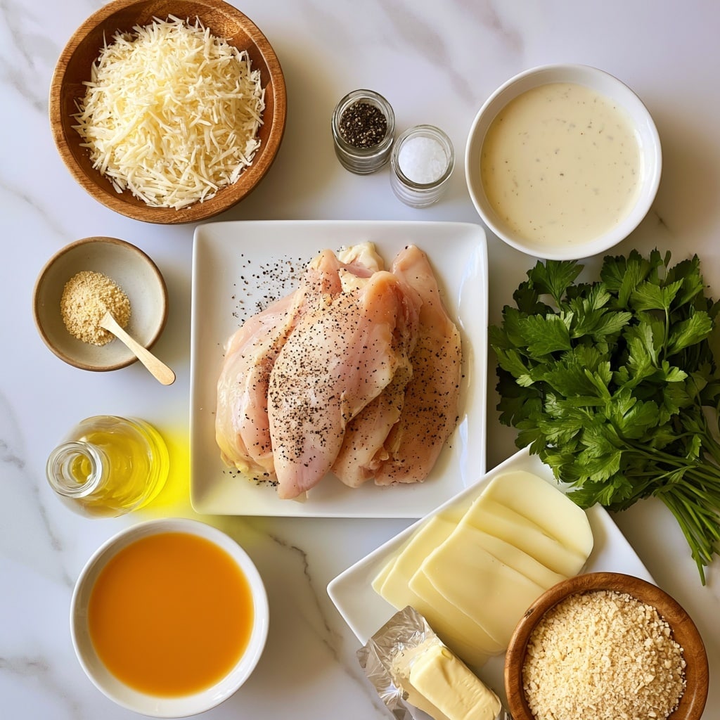 A top-down view of various ingredients for parmesan crusted chicken laid out on a white marbled surface. In the center is a white rectangular plate holding three pieces of raw chicken sprinkled with black pepper. To the top left is a wooden bowl filled with shredded parmesan cheese, next to it is a small round bowl with light beige garlic powder and a little wooden spoon. Near the center right are small glass jars with black pepper and salt. To the top right is a white bowl with creamy ranch dressing. Below the chicken plate on the left side is a small clear bottle filled with yellow olive oil, and under that a white bowl with orange Italian dressing. On the right bottom side near the dressing is a white square plate with several slices of pale yellow provolone cheese. At the bottom left is a wooden bowl with coarse panko breadcrumbs. Toward the bottom right is a bunch of fresh green parsley with small flat leaves. A small stick of butter in its paper wrapper lies near the provolone cheese. Photo taken with an iphone --ar 4:5 --v 7