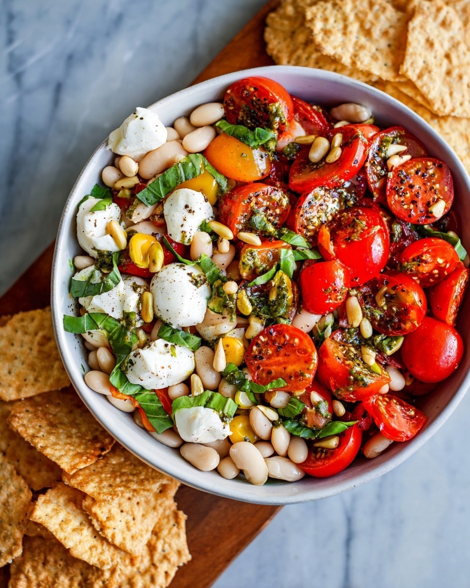 A white bowl filled with a colorful salad featuring three main layers: the bottom layer of small white beans, the middle layer of halved bright red cherry tomatoes with a shiny texture, and scattered white mozzarella pieces topped with finely chopped green basil leaves, small yellow pepper slices, and tiny light brown pine nuts, all sprinkled with coarse black seasoning. On the side, there is a wooden board holding a pile of light brown crispy crackers, placed on a white marbled surface. photo taken with an iphone --ar 4:5 --v 7