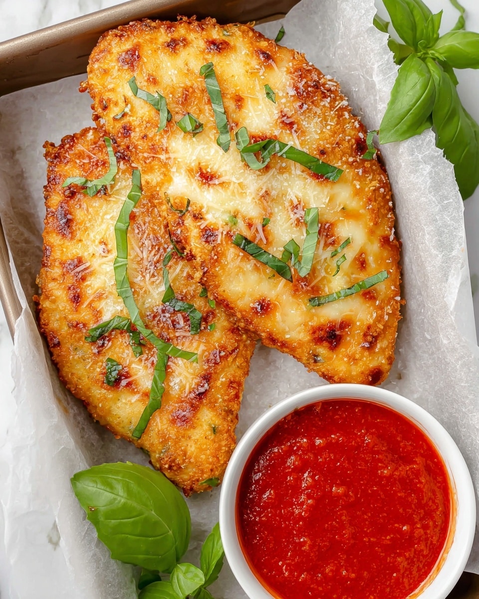 The image shows two pieces of golden-brown fried cheese with small crispy bubbles and a sprinkling of grated cheese on top, garnished with thin strips of fresh green basil leaves scattered across the cheese. The cheese pieces are placed on white parchment paper inside a small baking tray. Next to the cheese is a small white bowl filled with smooth bright red marinara sauce. The tray rests on a white marbled surface with fresh green basil leaves visible in the corner. photo taken with an iphone --ar 4:5 --v 7