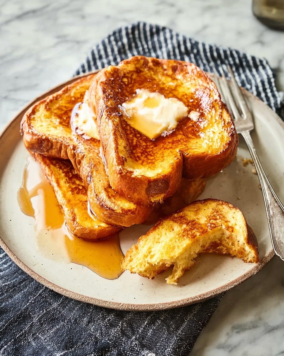 Three thick slices of golden brown French toast are stacked on a white plate with a slightly rough texture. The top toast layer has melting pats of butter and shiny amber syrup dripping down the sides. The syrup pools slightly under the bottom slice. A silver fork with a gray handle rests on the right side of the plate. The whole scene is set on a wooden table with a striped cloth nearby. photo taken with an iphone --ar 4:5 --v 7