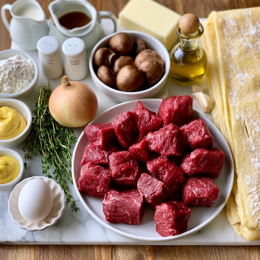 A white plate on a white marbled surface holds many raw ingredients neatly arranged around it on a wooden table. The plate is full of bright red raw beef sirloin/tenderloin chunks with a rough texture. Nearby, a white bowl is filled with whole brown mushrooms that have a smooth surface. A light brown onion and several sprigs of fresh green thyme lie beside small bowls containing white flour, yellow Dijon mustard, and a single white egg sitting in a white scalloped dish. Two small white shakers labeled salt and black pepper sit close together. A small white jug of heavy cream, a small white pitcher of beef broth, a rectangular block of pale butter, a round small bottle of golden olive oil with a wooden stopper, and a few garlic cloves complete the ingredients. A folded sheet of light yellow puff pastry dusted lightly with flour is placed on the side. photo taken with an iphone --ar 4:5 --v 7