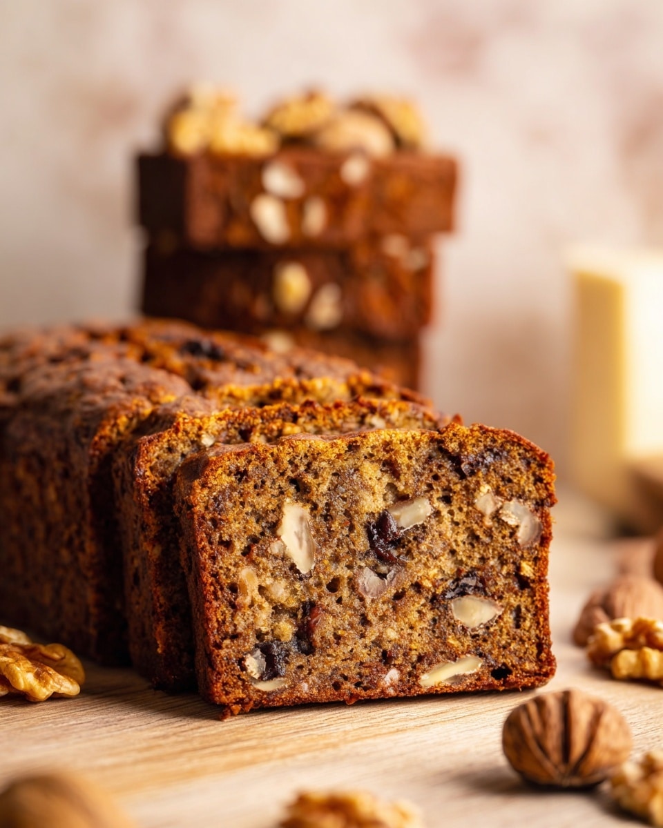 A close-up view of a loaf of brown nut bread with visible chunks of nuts and dark spots inside, showing a moist, dense texture; the loaf is sliced at the front, revealing the inside with nuts scattered throughout; behind it, several thick slices are stacked vertically, topped with more walnuts. The bread and slices rest on a light wood surface, with some whole nuts blurred in the foreground and background, and a soft, warm light with a blurred white marbled texture in the background. photo taken with an iphone --ar 4:5 --v 7