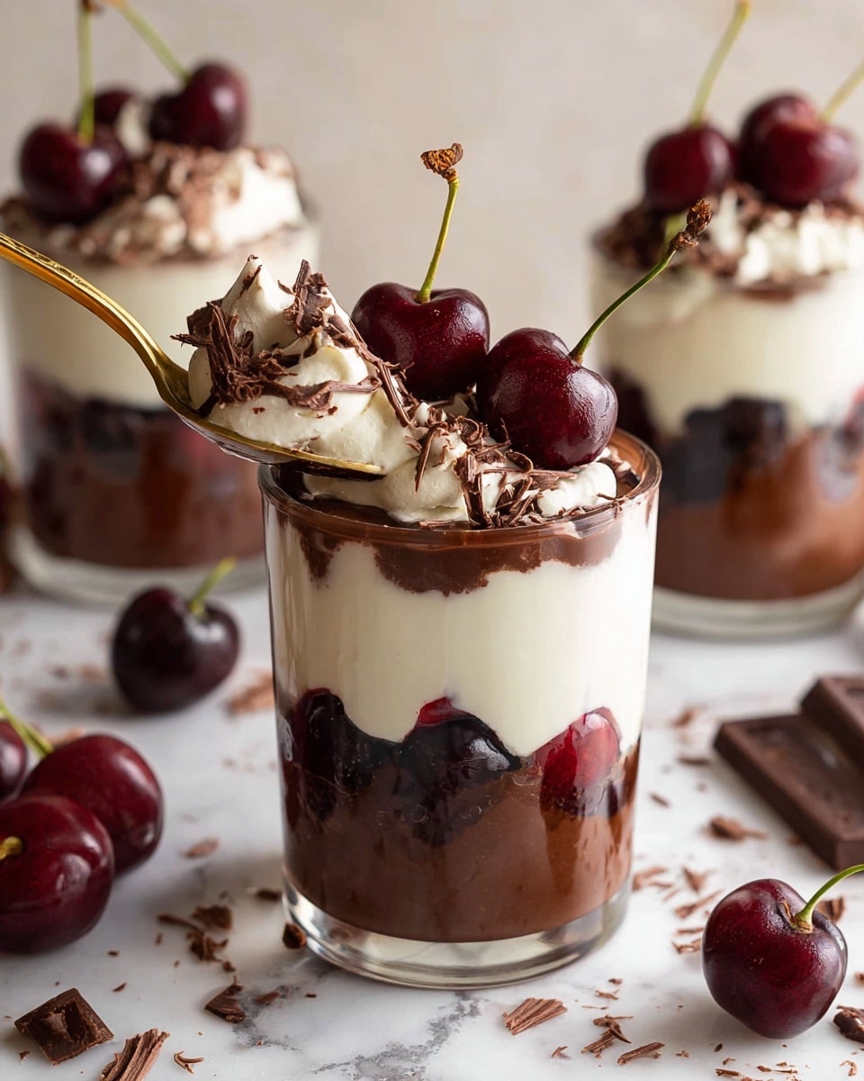 A glass dessert with four layers: the bottom layer is white cream mixed with dark red cherries, followed by a thick dark brown chocolate layer, then another white cream layer, topped with chocolate cream and white cream swirls that look soft. On top are several dark red cherries with green stems. A gold spoon is scooping some chocolate and cream from the top. The dessert is on a white marbled surface with more cherries and chocolate pieces around. In the background, there are two more glasses with the same dessert. Photo taken with an iphone --ar 4:5 --v 7