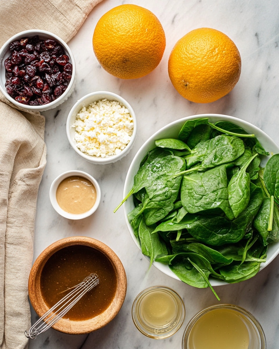 The image shows a top-down view of fresh ingredients laid out on a white marbled surface. On the right side, there is a white bowl filled with bright green spinach leaves, fresh and slightly crinkled. To the left of the bowl are two whole oranges with a bumpy, bright orange peel. Above the oranges is a small white bowl with dark red dried cranberries, shiny and wrinkled. Below the oranges are two tiny white bowls, one empty and the other with a small amount of beige paste. Near the bottom center is a white bowl filled with a brown liquid dressing, with a metal whisk resting inside. There is also a small wooden bowl with white crumbled cheese. At the bottom right, there are two clear glass containers, one with a light yellow liquid, and the other with a dark brown liquid inside. A beige cloth napkin is partly visible on the left side. Photo taken with an iphone --ar 4:5 --v 7