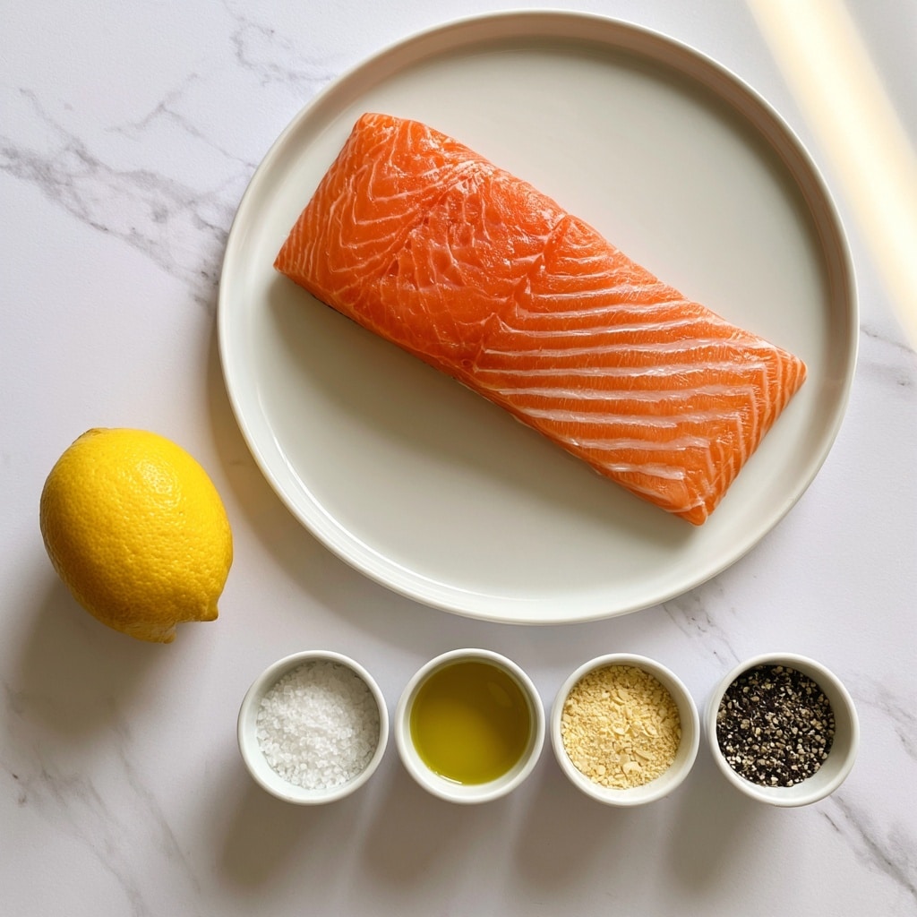 A large single piece of bright orange salmon with white fat lines runs across the surface, placed slightly off-center on a round white plate. Below the plate, on a white marbled texture, there are five small white bowls arranged vertically from top to bottom, containing coarse salt, olive oil, garlic powder, and cracked black pepper respectively. To the left of the plate, a whole bright yellow lemon is placed on the white marbled surface. The overall look is clean and simple with fresh ingredients spaced out with soft natural light. photo taken with an iphone --ar 4:5 --v 7