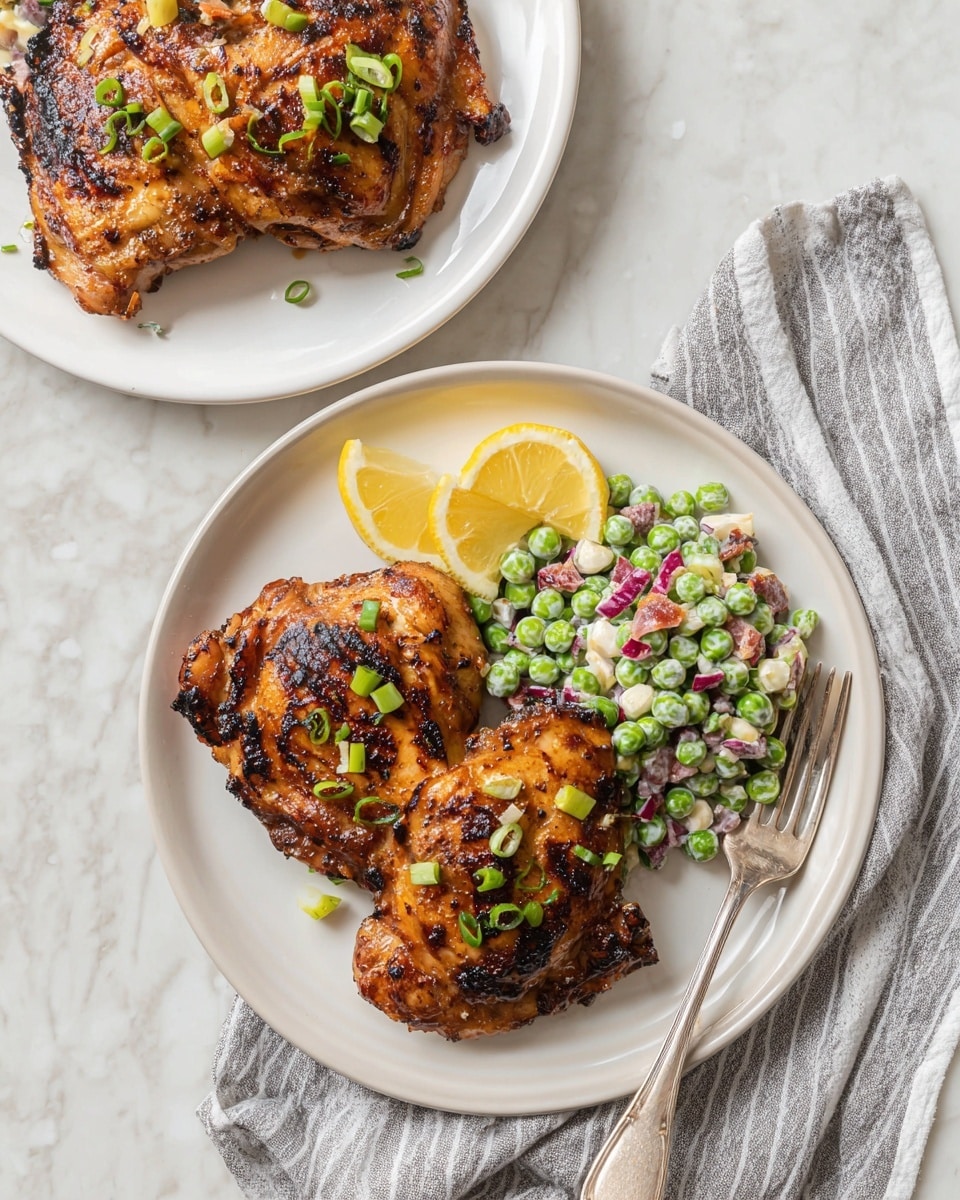 The image shows two white plates on a white marbled surface, each holding grilled chicken thighs with a browned and slightly charred texture, topped with small green onion pieces and a lemon wedge on the top left piece of chicken in the front plate. The front plate also has a side of pea salad mixed with green peas, chopped red onions, red cranberries, and bits of bacon, all coated lightly in a creamy dressing. A silver fork is placed to the right of the front plate and a striped gray and white cloth is partly visible under the plate. Photo taken with an iphone --ar 4:5 --v 7