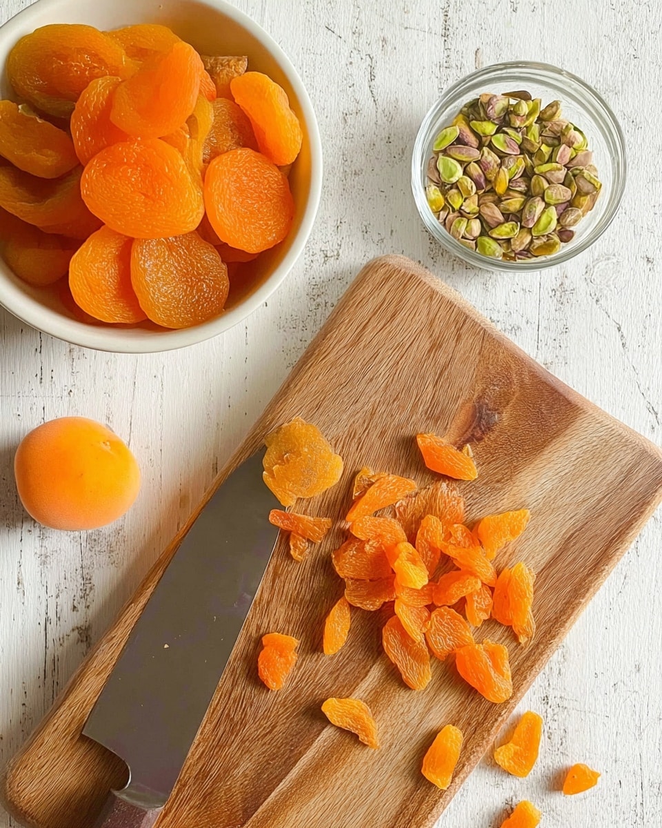 The image shows a wooden cutting board with a single whole bright orange dried apricot near the top left and many small pieces of chopped dried apricot scattered around the center and right side. A large knife with an orange dried apricot piece near its tip lies diagonally at the bottom of the cutting board. To the top left of the board, a white bowl filled with whole dried apricots is placed on a white marbled surface. At the top right, a small clear glass bowl contains light green pistachio nuts. Photo taken with an iphone --ar 4:5 --v 7