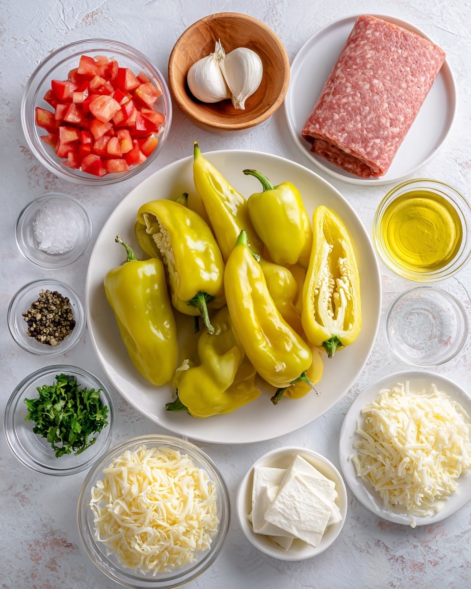 The image shows a white plate in the center with several fresh banana peppers, some whole and some sliced open, bright yellow-green in color with smooth skin. Around the plate are small white bowls and clear glass bowls with ingredients: diced red tomatoes in a clear glass bowl at the top left, a wooden bowl with two garlic cloves above the plate, a white plate with a block of raw ground Italian sausage at the top right, and a small clear glass bowl with light golden olive oil beside it. To the right of the plate is a white bowl filled with finely grated pale yellow Parmesan cheese, and below it a wooden bowl with shredded white mozzarella cheese. At the bottom left, a white plate holds a block of cream cheese, next to a small clear glass bowl of finely chopped green parsley. Small clear bowls contain black pepper and salt. The background is a white marbled texture. Photo taken with an iphone --ar 4:5 --v 7