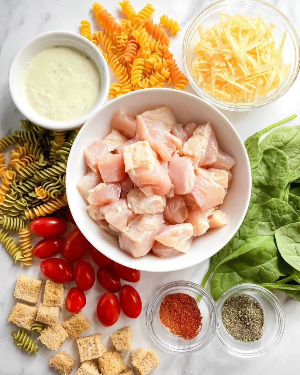 A white bowl filled with light pink raw chicken pieces is centered on a white marbled surface. Around the bowl, there are layers of colorful uncooked spiral pasta in green, orange, and yellow, bright red cherry tomatoes, and light brown croutons scattered in the bottom left. To the left of the bowl, a small white bowl holds creamy white dressing. To the right, a clear container is filled with thin, pale yellow shaved cheese. In the bottom right, a white bowl contains three piles of spices in light green, red, and black, and there are fresh dark green spinach leaves and lettuce pieces around the edges. Photo taken with an iphone --ar 4:5 --v 7