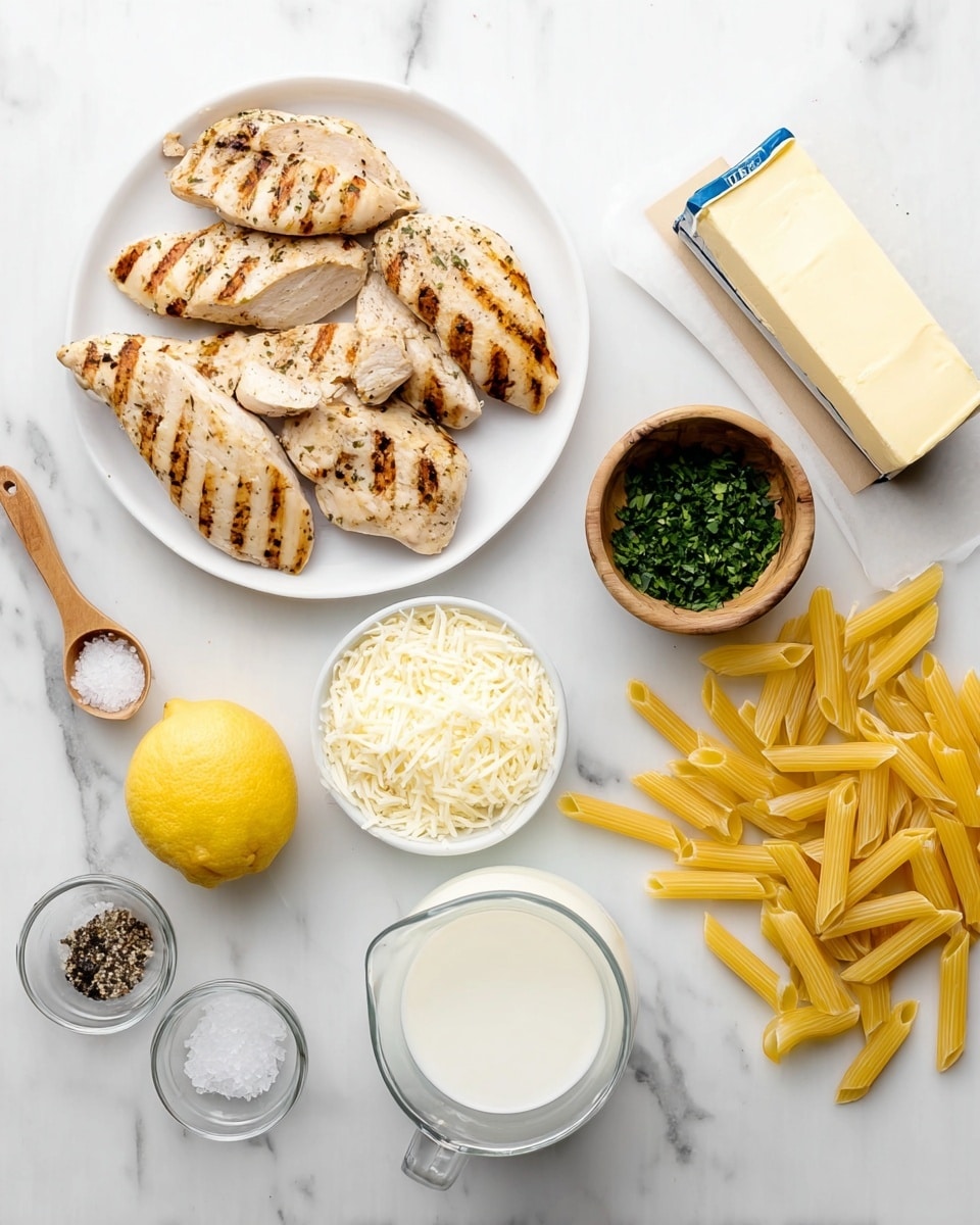 The image shows a white plate on the left side with five grilled chicken pieces, some whole and one sliced, all having clear grill marks and a light brown color. To the right on a white marbled surface are separate ingredients: a stick of butter with blue markings, a small wooden bowl filled with chopped green herbs, and uncooked yellow penne pasta scattered loosely. Below these, there is a small white bowl full of shredded white cheese, a halved lemon showing its bright yellow inside, and a small glass jug filled with white milk or cream. Near the bottom left corner are two small round containers—one with white salt and a small wooden spoon, the other with black pepper and a wooden spoon—and a clear glass measuring cup containing a white liquid. The whole arrangement is neat, bright, and displayed on a white marbled surface photo taken with an iphone --ar 4:5 --v 7