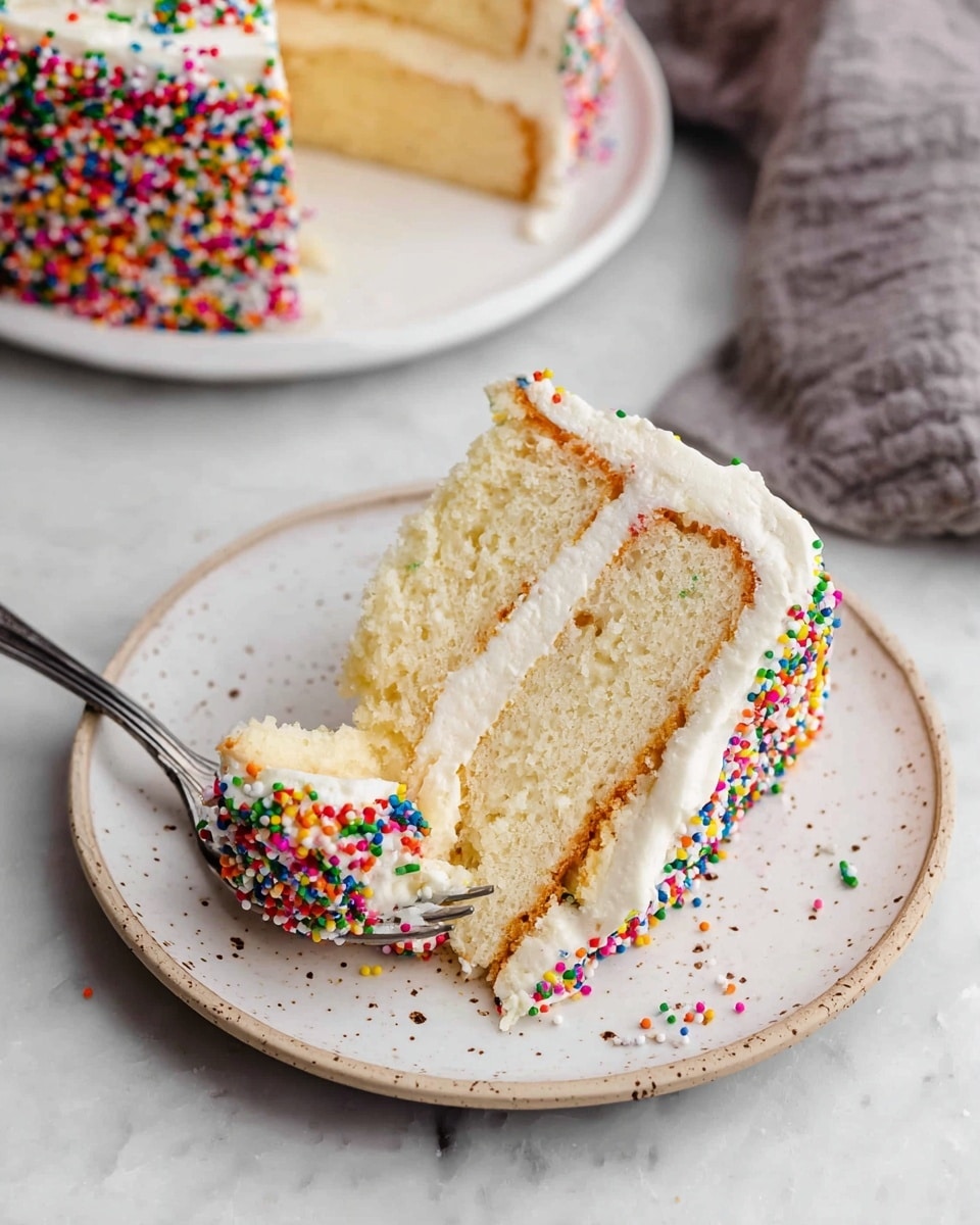 A slice of two-layer light yellow cake with white creamy frosting between and on top, covered on the side with colorful rainbow sprinkles, sits on a white plate with small brown spots. A small piece of the cake is being held by a silver fork inserted into the bottom layer. In the background, a part of the rest of the cake with the same layers and sprinkles is visible on another white plate, all placed on a white marbled surface with a gray cloth nearby. Photo taken with an iphone --ar 4:5 --v 7