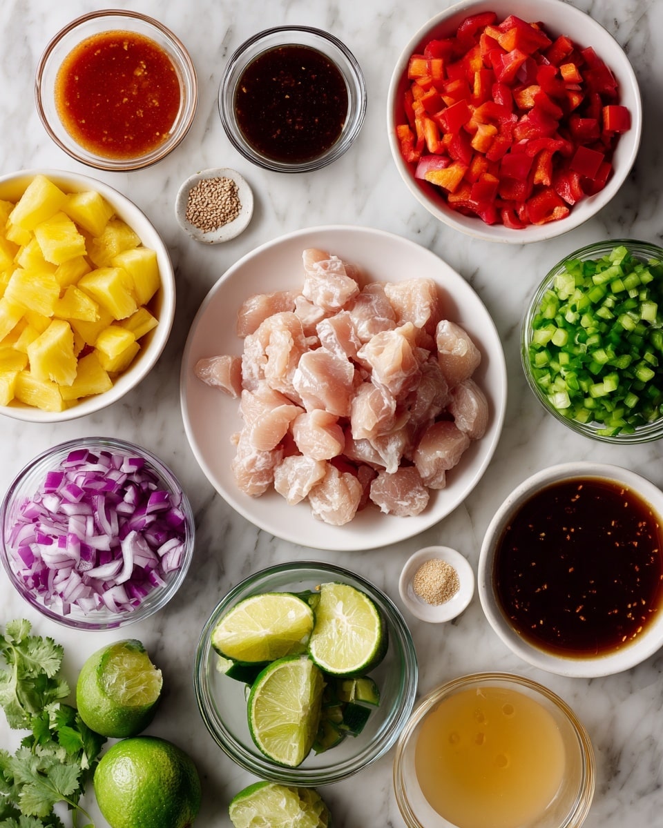 The image shows an overhead view of various ingredients neatly arranged on a white marbled surface, each in small white bowls or plates. There is one main white plate in the center holding light pink chunks of raw chicken. Surrounding it are bowls with bright yellow pineapple chunks, deep red bell pepper pieces, chopped green bell pepper, quartered red onion with purple-white layers, and small amounts of sesame seeds, salt, and black pepper. Nearby, a white plate holds whole and halved green limes. There are also clear glass containers with thick dark brown teriyaki sauce, reddish-brown BBQ sauce, translucent light yellow pineapple juice, and a small bowl of reddish hot sauce. Fresh green cilantro lies on the surface beside the salt. The setup is clean and colorful, showing a fresh mix of ingredients ready for cooking. Photo taken with an iphone --ar 4:5 --v 7