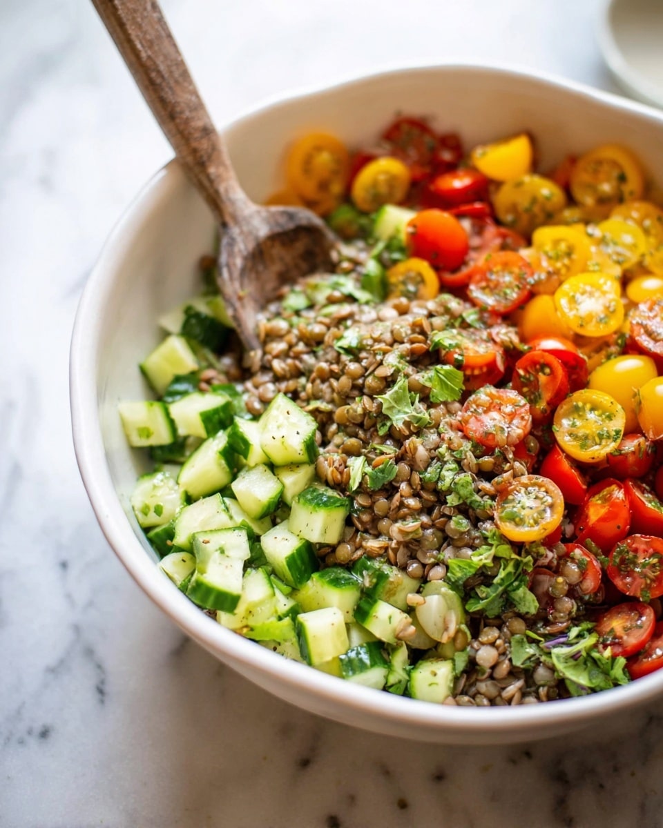 A close-up of a white bowl filled with a colorful salad showing three main layers: the bottom layer is a mix of grains and lentils with a light brown color and rough texture, the middle layer is bright green diced cucumbers with smooth skin, and the top layer has halved yellow and red cherry tomatoes along with green leafy herbs on the side. A wooden spoon with a rough texture rests inside the bowl on the left, partially covered by the salad. The bowl sits on a white marbled surface with soft natural light from the left side. Photo taken with an iphone --ar 4:5 --v 7
