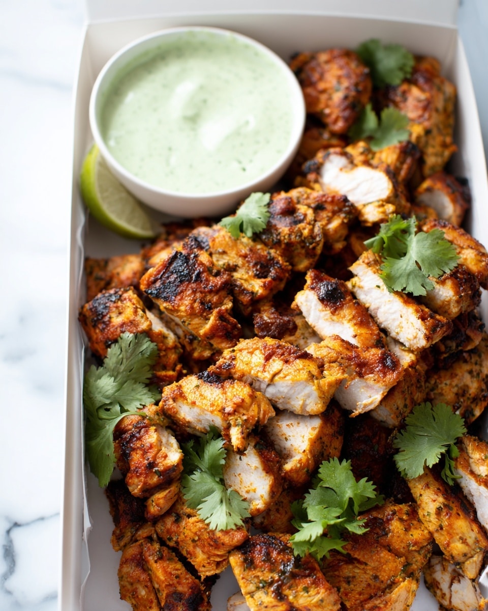 A white tray lined with white parchment paper holds many small, grilled pieces of orange-brown chicken with dark char marks, showing a textured and spiced surface. Green cilantro leaves are scattered among the chicken, adding a fresh touch. In the background, near the top left of the tray, a small white cup filled with creamy white sauce is partially visible. The scene is set on a white marbled surface. photo taken with an iphone --ar 4:5 --v 7