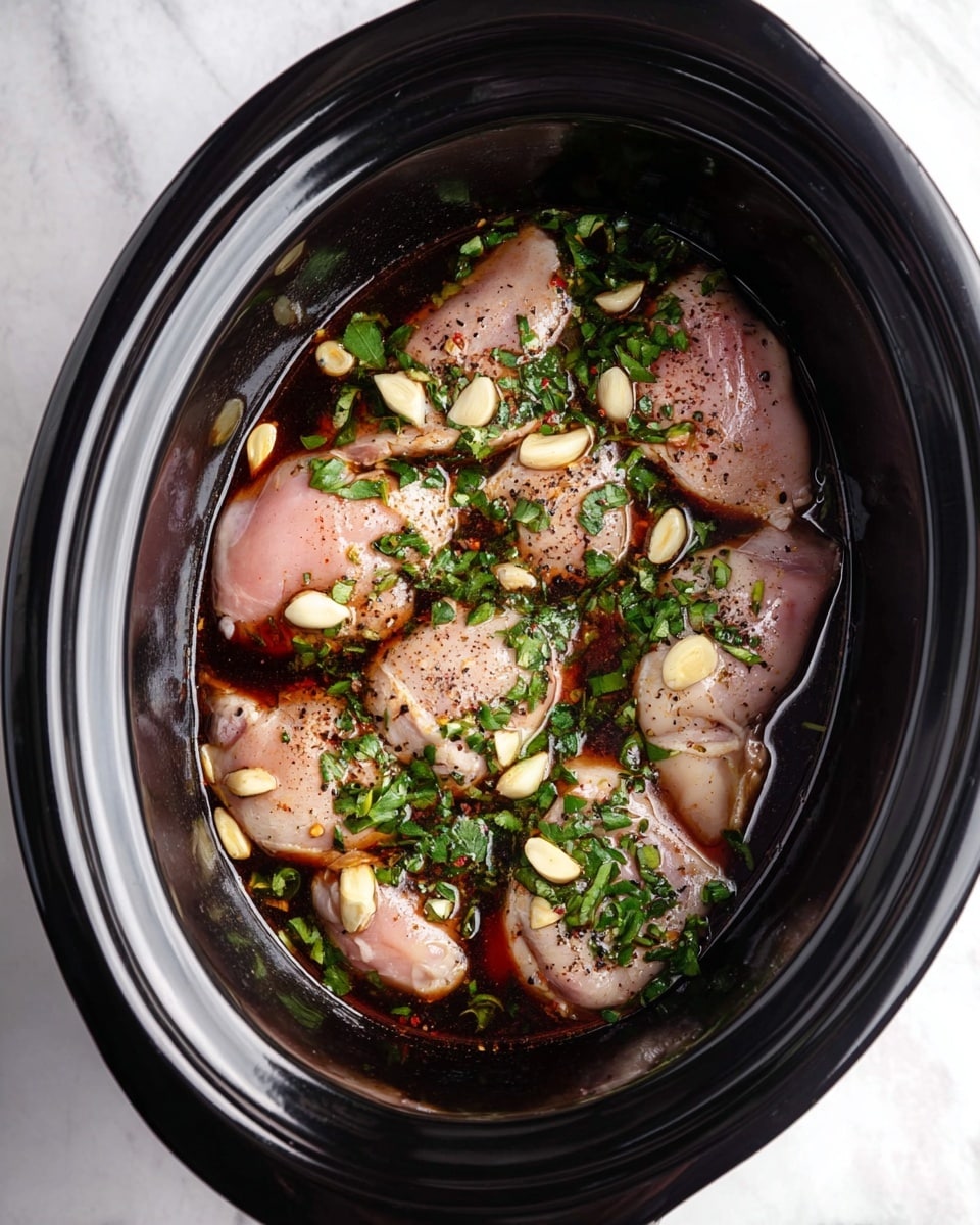Inside a black slow cooker, six pieces of raw light pink chicken sit submerged in a dark brown sauce. Scattered on top and mixed into the sauce are green chopped herbs and several whole cloves of light yellow garlic. Small bits of a light brown ingredient are also mixed in, and a sprinkle of black pepper covers the chicken pieces. The slow cooker is placed on a white marbled surface. photo taken with an iphone --ar 4:5 --v 7