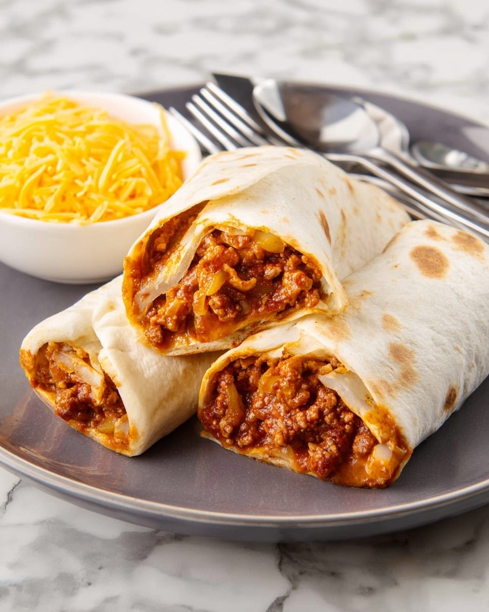 Two burrito halves stacked on a gray round plate, each wrapped in a soft white tortilla with light brown spots. Inside, there is a thick layer of chunky reddish-brown sauce mixed with small pieces of meat and onions, giving a rich, saucy texture. To the side, there is a small white bowl filled with bright yellow shredded cheese. A silver fork and spoon rest on the plate next to the burrito. The setting has a white marbled surface under the plate. photo taken with an iphone --ar 4:5 --v 7