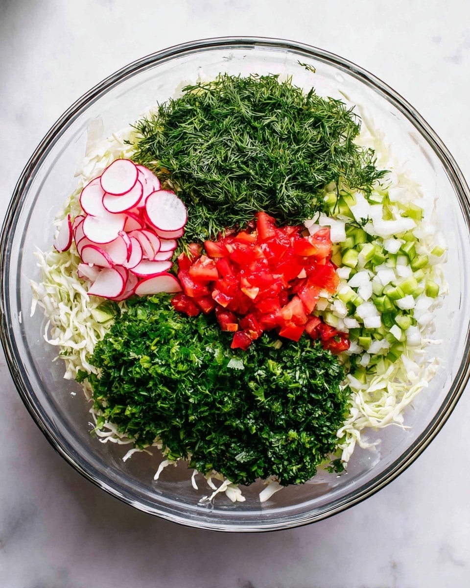A clear glass bowl sits on a white marbled surface, filled with six visible layers of fresh ingredients. The bottom layer is shredded white cabbage, creating a soft and light base. On top, five different chopped vegetable piles are neatly arranged like sections of a pie: bright green chopped parsley and a pile of chopped dill with a feathery texture sit side by side. Next to them, vivid red diced tomatoes add a juicy contrast, while a light green layer of sliced green onions sits beside them. At the top, thinly sliced radishes with white centers and pink edges are spread in a small mound. The colors and textures create a fresh, vibrant mix ready to be mixed together. Photo taken with an iphone --ar 4:5 --v 7
