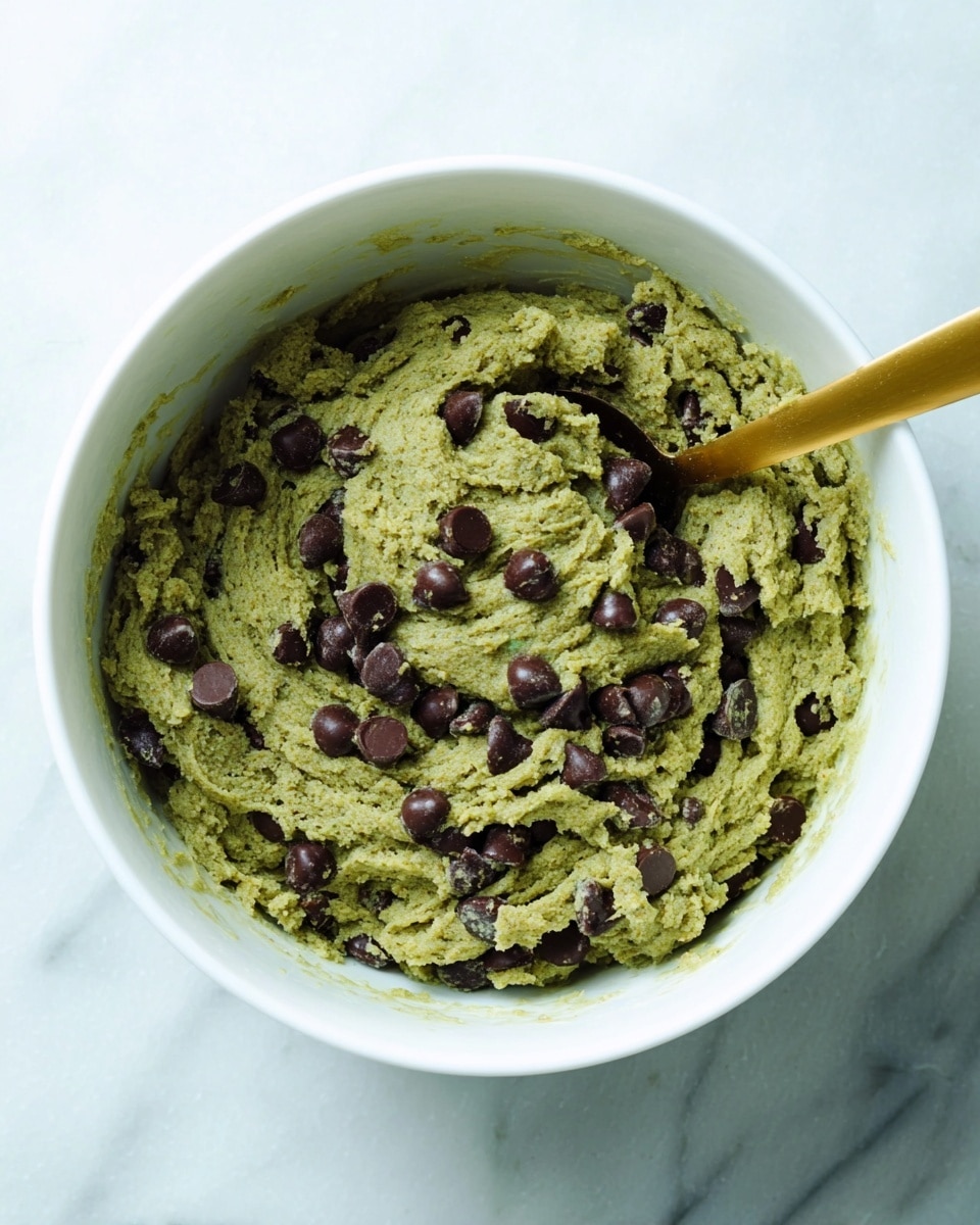 A white bowl contains a thick green dough mixed with many dark brown chocolate chips spread evenly throughout. The dough has a grainy texture and fills the bowl about halfway. A thin gold spoon is partially dipped into the dough on the right side. The background is a white marbled texture. photo taken with an iphone --ar 4:5 --v 7