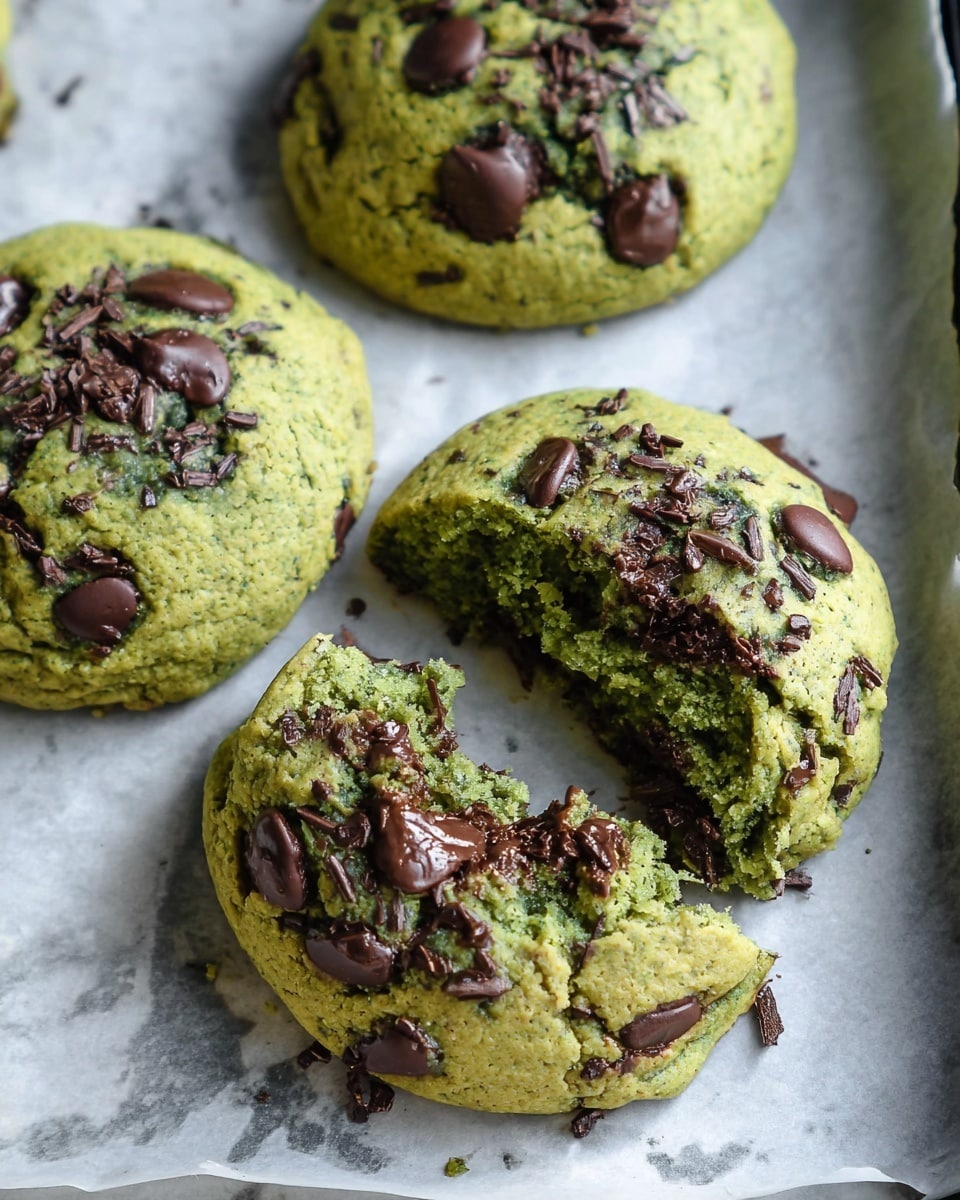 There are four thick, round green cookies with dark brown chocolate chips on top, placed on white baking paper on a black tray. The cookie in the center is broken into two pieces, showing its soft, crumbly green inside with melted chocolate chips visible inside and on the surface. The cookies have a rough, slightly cracked texture with chocolate chips spread unevenly on top and inside. The background is a white marbled surface. photo taken with an iphone --ar 4:5 --v 7