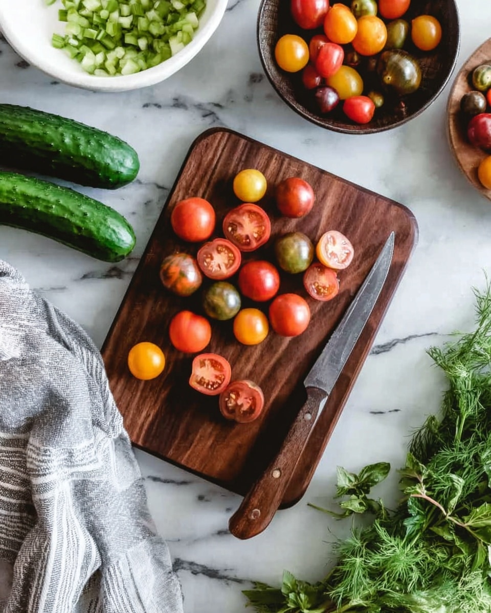 A dark wooden cutting board holds roughly two dozen small tomatoes, some whole and some halved, arranged in loose groups; the tomatoes have various colors including red, orange, yellow, and a dark purple-brown, showing their juicy inside with smooth skin. To the right of the cutting board lies a sharp kitchen knife with a wooden handle. Above the cutting board, two large green cucumbers lie on a white marbled surface, next to a white bowl filled with chopped green vegetables and nearby a dark bowl containing assorted colorful small tomatoes. Fresh green herbs with leafy and feathery textures are placed to the far right, adding a natural touch. A gray and white striped cloth is folded on the lower left corner of the image. The photo taken with an iphone --ar 4:5 --v 7