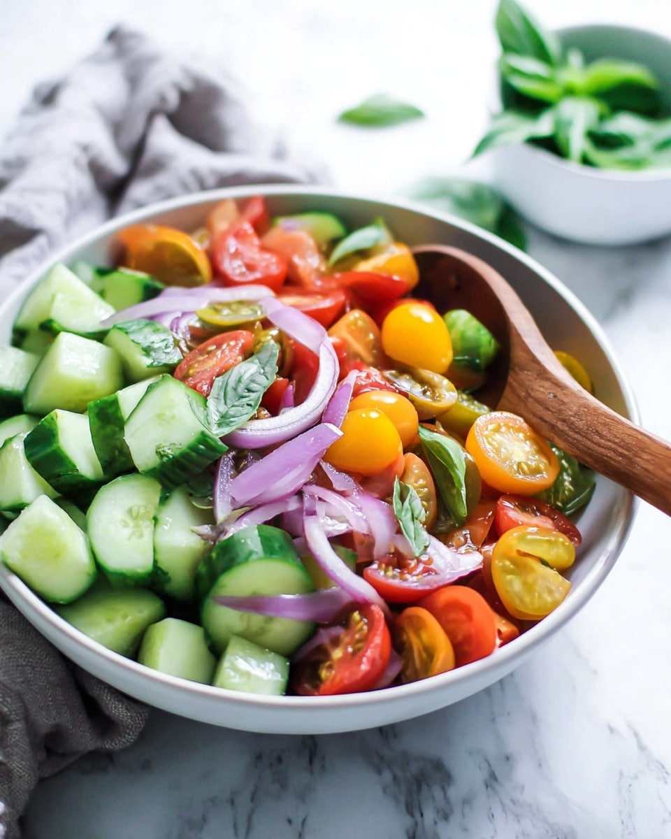 A white bowl holds a fresh salad made of three main layers: the bottom layer has cucumber chunks in light to dark green with a smooth texture and curved shapes, the middle layer includes halved cherry tomatoes in bright red, orange, and yellow colors with a glossy surface, and the top layer features thin slices of purple onion and light green basil leaves scattered on top. A wooden spoon and fork rest on the side of the bowl, partially inside the salad. The background is a white marbled texture with a small white bowl blurred in the distance holding green basil leaves. Photo taken with an iphone --ar 4:5 --v 7