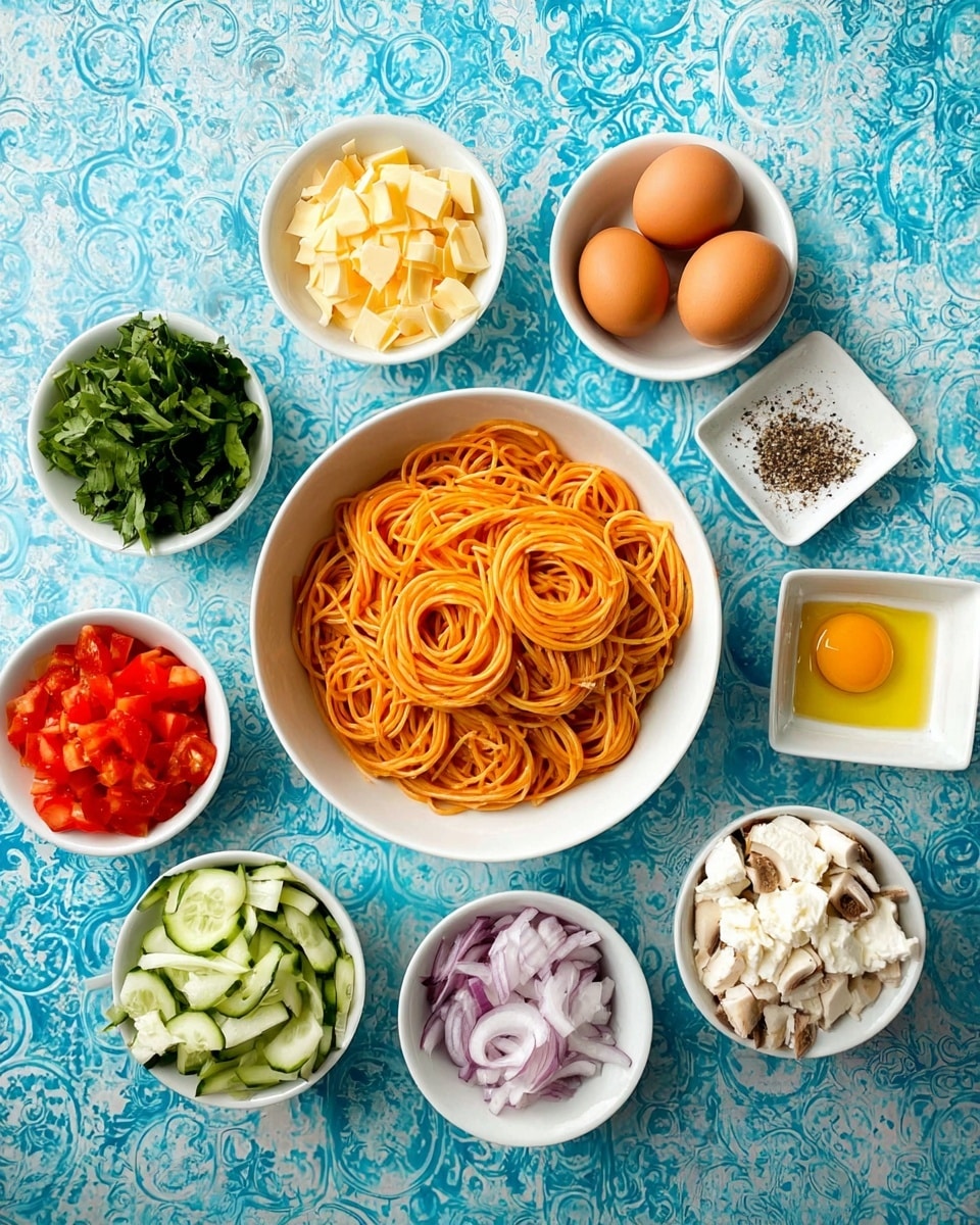 The image shows a white bowl in the center filled with orange spaghetti. Surrounding it are ten small white bowls arranged in a circle on a blue patterned surface. Starting from the top and moving clockwise, the first bowl holds green leafy herbs, the second holds yellowish chunks of hard cheese, the third has two brown eggs, the fourth contains green cucumber pieces, the fifth has white ricotta cheese, the sixth is filled with red diced bell peppers, the seventh contains shredded white mozzarella, the eighth has a small amount of yellow oil, the ninth contains chopped red onions, and the tenth holds sliced white mushrooms. On the far right is a small square white bowl with black pepper and salt. photo taken with an iphone --ar 4:5 --v 7