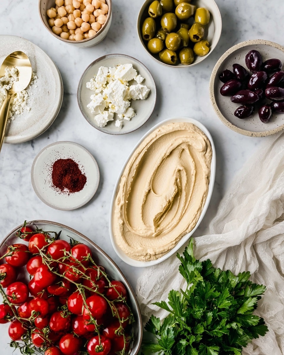 The image shows a white oval plate filled smoothly with a creamy beige spread as the base layer, placed on a white marbled surface. Surrounding it are several small white bowls and plates each holding different ingredients: a beige bowl with pale chickpeas, a light grey plate with white crumbly cheese, a white small plate with a dark reddish-brown powder and a gold spoon, a light grey bowl with green olives, a white bowl with dark purple olives, and a dark grey plate filled with bunches of bright red cherry tomatoes on the vine. Fresh green parsley sits at the lower edge beside the plates. A crumpled white cloth is under some bowls. The colors range from creamy beige, green, white, red, and dark purple with soft natural light. photo taken with an iphone --ar 4:5 --v 7