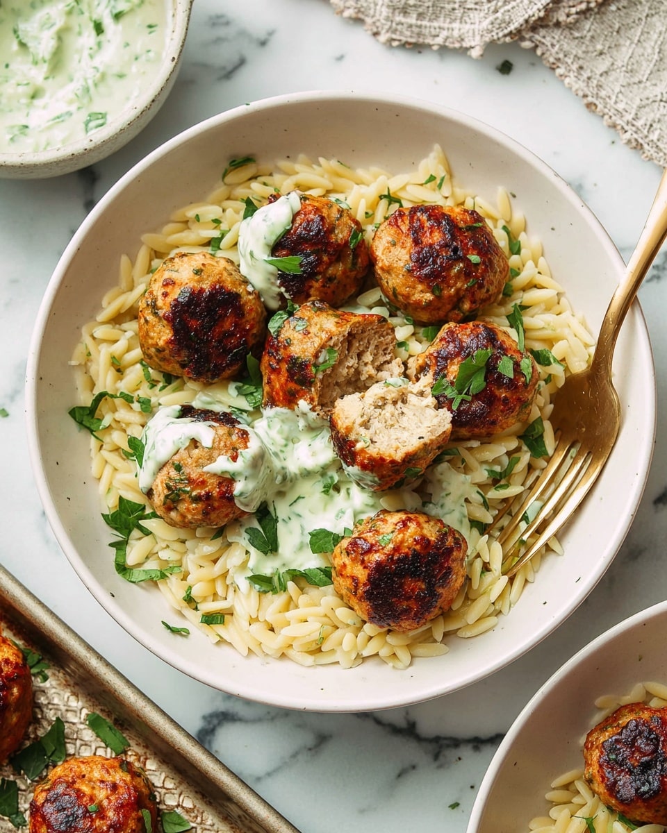 The image shows a white bowl filled with a base layer of pale yellow orzo pasta. On top are seven golden-brown meatballs, some with a slightly crispy texture, one of which is pierced by a gold fork, revealing its light and tender inside. A light green creamy sauce with herbs is drizzled unevenly over the meatballs and pasta. Small pieces of fresh green herbs are scattered across the dish for garnish. The bowl is set on a white marbled surface with parts of other white bowls and a rectangular tray with more meatballs partially visible around the edges. Photo taken with an iphone --ar 4:5 --v 7