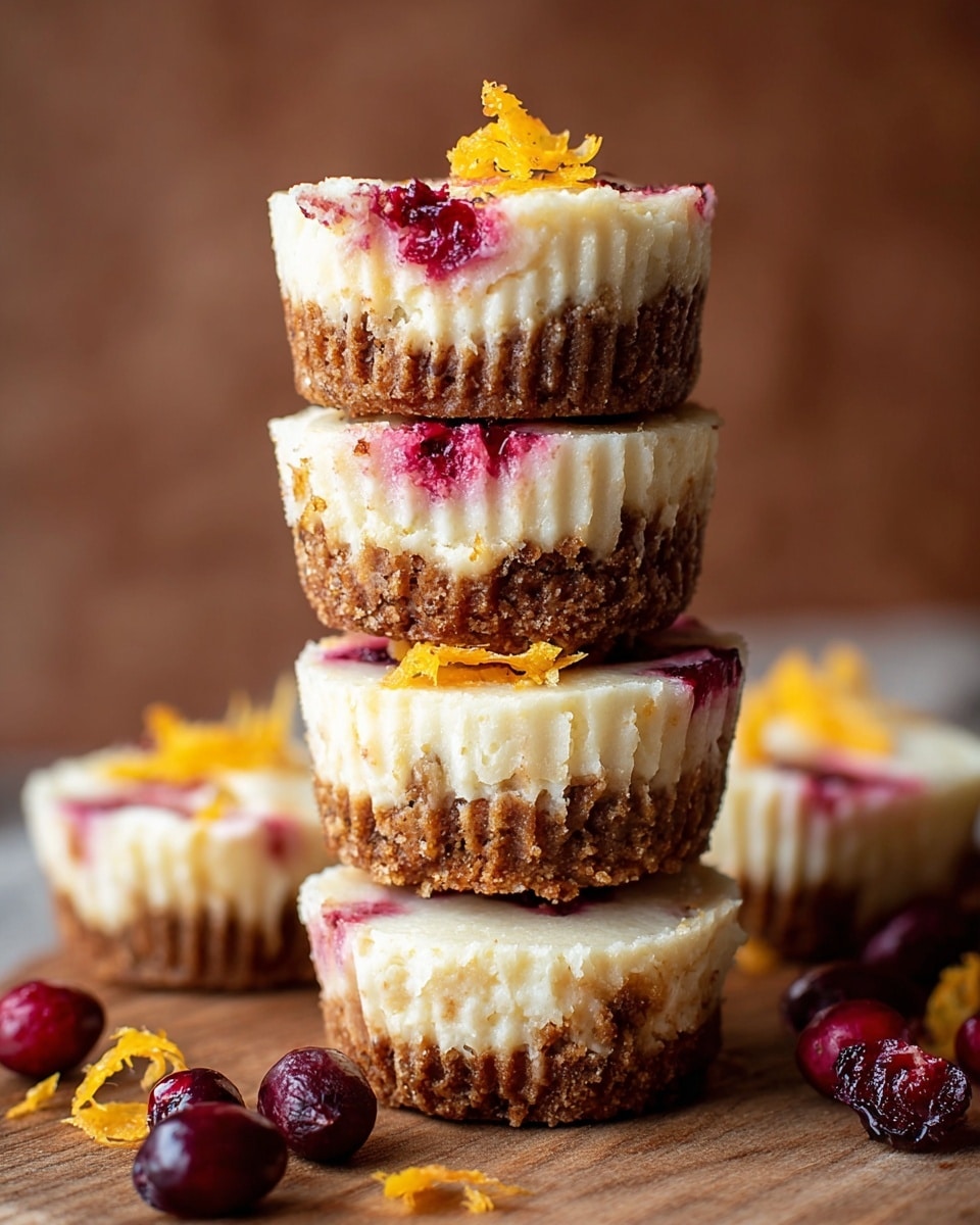 A stack of five mini cheesecakes is shown, each with two clear layers: a thick, crumbly brown bottom crust and a creamy white cheesecake layer on top. The cheesecakes have a slight pink swirl on the surface near the edges and are decorated with small pieces of orange zest. The stack is in crinkled light brown paper liners, and fresh dark red cranberries and orange peel strips are scattered around the base on a wooden surface, with a soft brownish background. photo taken with an iphone --ar 4:5 --v 7