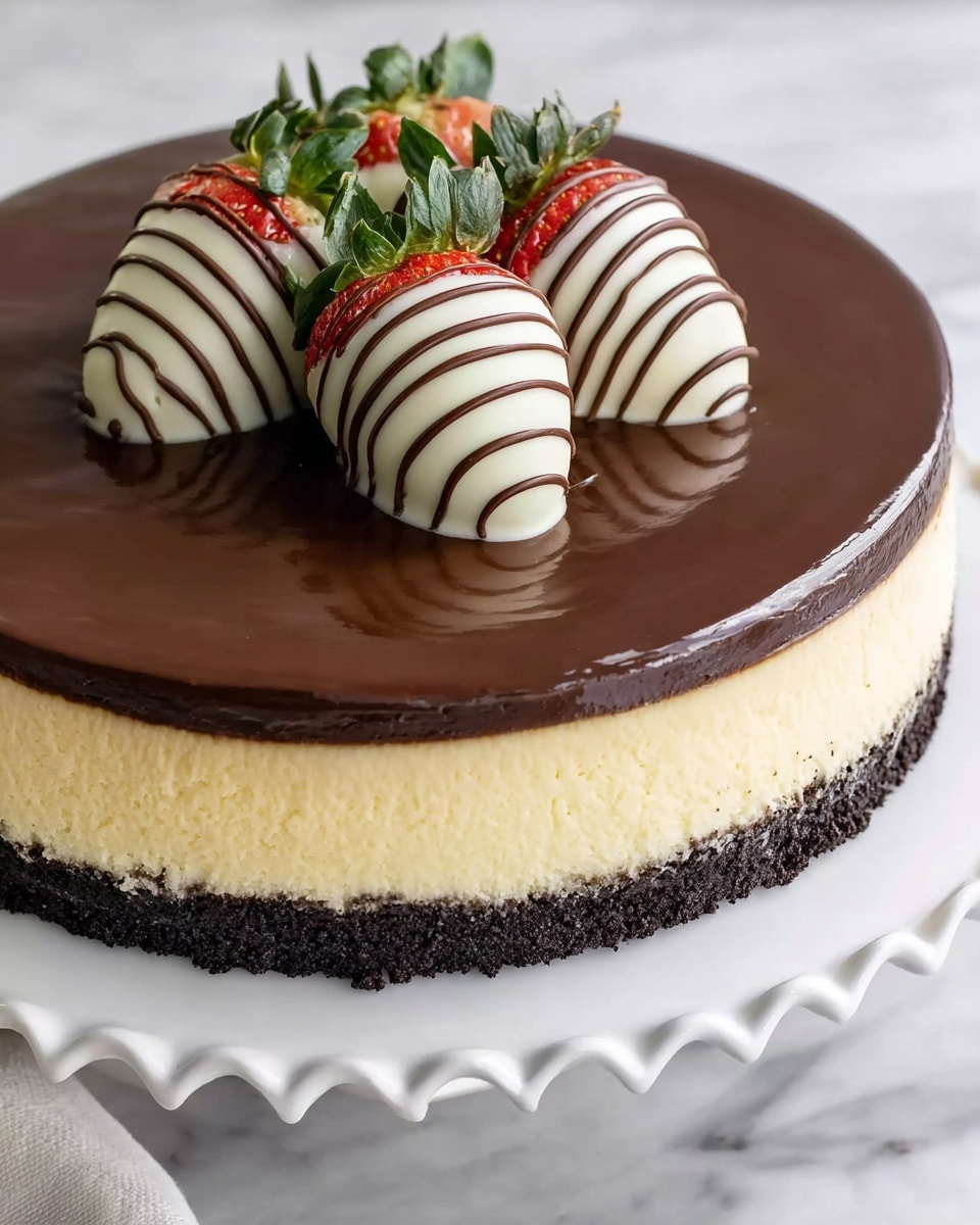 The image shows a three-layer round cake on a white scalloped plate placed on a white marbled surface. The bottom layer is dark and crumbly, resembling chocolate cookie crust. The middle layer is thick and creamy with a smooth pale yellow color. The top layer is a solid, shiny dark chocolate glaze that covers the entire top of the cake evenly. Three large strawberries covered in smooth white chocolate with dark chocolate stripes are arranged on top of the cake in the center, with green leafy tops facing outward. Photo taken with an iphone --ar 4:5 --v 7