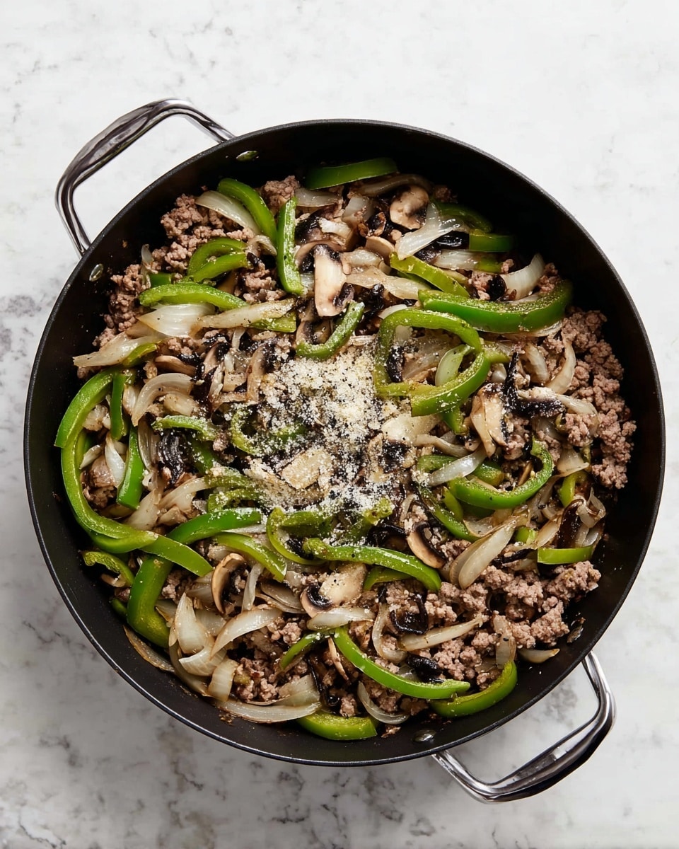 A black pan filled with cooked ground meat as the base layer, mixed with sliced brown mushrooms scattered throughout. On top, there are many thin strips of green bell peppers and cooked onions with a slightly browned and soft texture. Some granulated white and black seasonings are sprinkled unevenly in the middle of the pan. The pan has two handles and rests on a surface with a white marbled texture photo taken with an iphone --ar 4:5 --v 7
