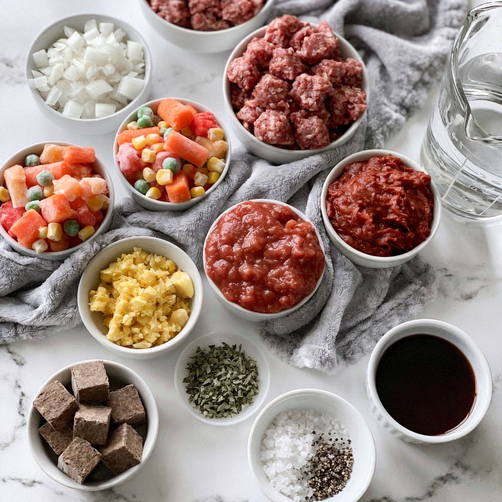 The image shows various small white bowls and a glass measuring cup placed on a white marbled surface. Each bowl holds a different ingredient: finely chopped white onion, raw ground beef in a bowl, a bowl with colorful frozen mixed vegetables (carrot, peas, corn), a bowl with a rich red tomato puree, a bowl with thick red tomato paste, a bowl with crushed yellow garlic, a bowl with brown stock cubes, a small bowl with dried green Italian herbs, a white bowl with coarse salt and black pepper, and a small white bowl filled with dark Worcestershire sauce. A measuring glass contains clear water. A soft gray cloth is spread under some of the bowls, adding texture to the setting. Everything is arranged neatly, lit evenly, and the scene has a clean and organized look. photo taken with an iphone --ar 4:5 --v 7