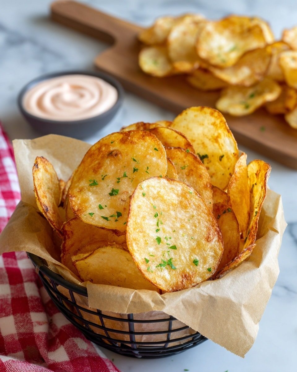 A black wire basket lined with light brown paper holds golden brown, crispy potato chips with green herb pieces on top. Behind it, on a white marbled surface, there is a wooden board with a sandwich made of a light tan roll, slices of pink meat, and white cheese, next to three potato chips. To the right, a small white bowl contains a pale orange creamy dip, resting on a red and white checkered cloth. Photo taken with an iphone --ar 4:5 --v 7