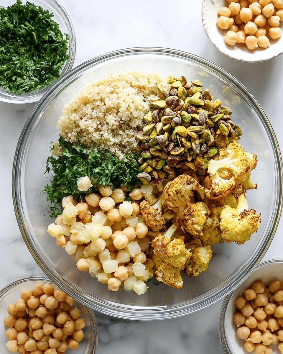 A clear glass bowl on a white marbled surface holds a layered salad with five main sections: top center features light tan quinoa with a fluffy texture, top right side has roasted pistachios showing green and brown hues, bottom right contains roasted cauliflower pieces with golden brown spices, bottom left shows round, pale peach chickpeas, and top left is filled with fresh, bright green chopped parsley. Around the bowl are smaller white bowls with chickpeas, quinoa, and parsley. photo taken with an iphone --ar 4:5 --v 7