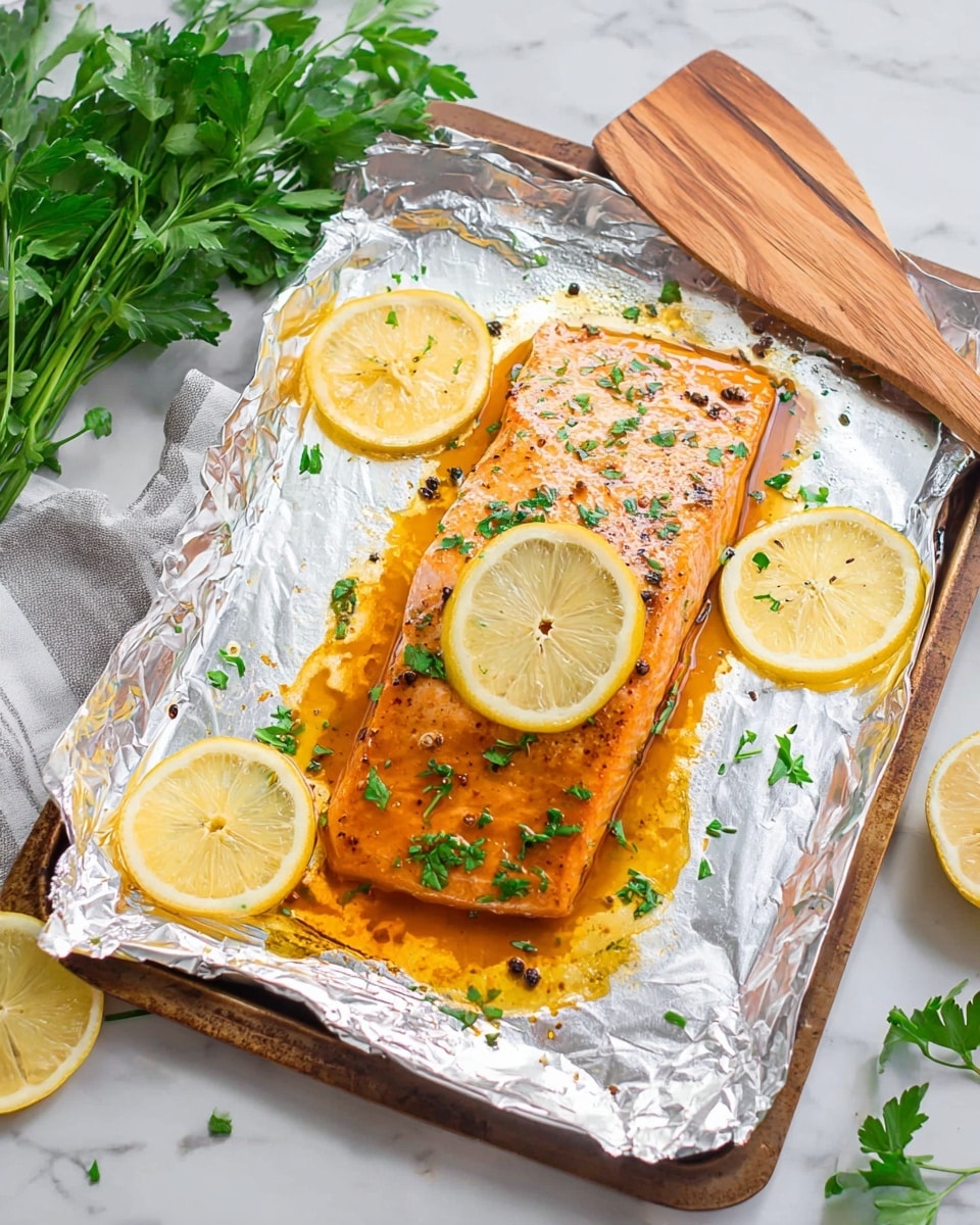 A cooked salmon fillet with a golden-brown top layer sits on a foil-lined baking tray. Three thin lemon slices, one on top of the salmon in the center and two underneath on each side, add a pop of bright yellow color. The salmon is sprinkled with small green parsley pieces and a few black pepper flakes. The foil underneath reflects the colors of the salmon and lemon, with some orange-brown sauce spreading around the fish. Beside the tray is a wooden spatula and a bunch of fresh green parsley. The whole scene rests on a white marbled surface. Photo taken with an iphone --ar 4:5 --v 7