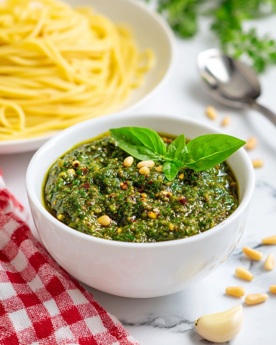 A white bowl filled with chunky green pesto sauce, showing bits of crushed pine nuts, garlic, and fresh basil leaves on top for decoration. The pesto has a thick, slightly oily texture with deep green and light yellow colors mixed within. In the background, there is another white bowl with a layer of plain cooked yellow spaghetti noodles. Around the bowls, scattered pine nuts, fresh basil leaves, parsley leaves, and a garlic clove rest on a white marbled surface. A metal spoon lies on the left side over a red and white checkered cloth. The photo taken with an iphone --ar 4:5 --v 7