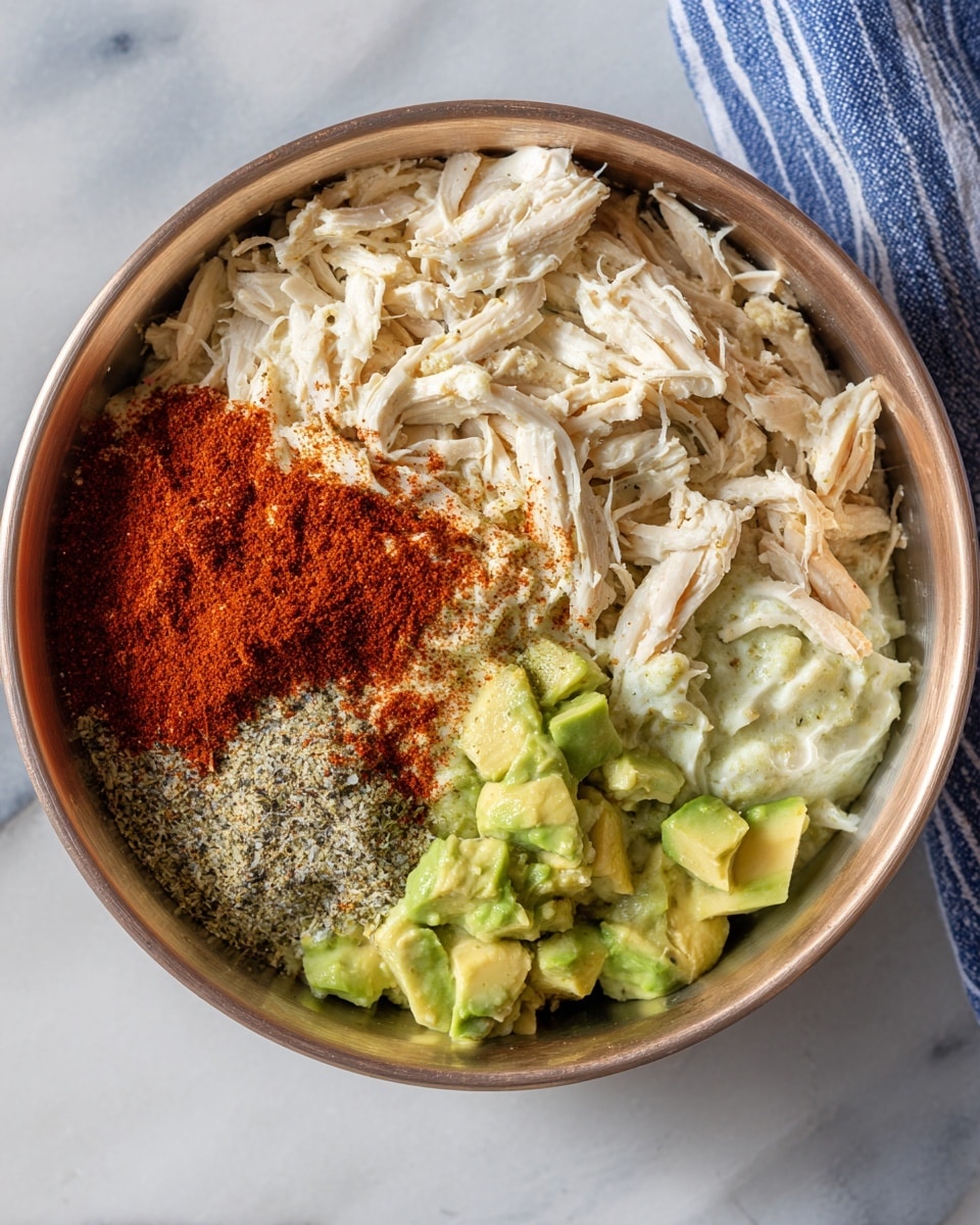 A round metal bowl contains a mix of shredded white chicken with creamy white sauce on the left side. On the right side, there are bright green avocado chunks and a pile of red-brown chili powder with some black and white seasoning sprinkled over. The mixture shows some blending of the ingredients along the edges of the bowl. The bowl is placed on a white marbled surface next to a blue and white striped cloth. photo taken with an iphone --ar 4:5 --v 7
