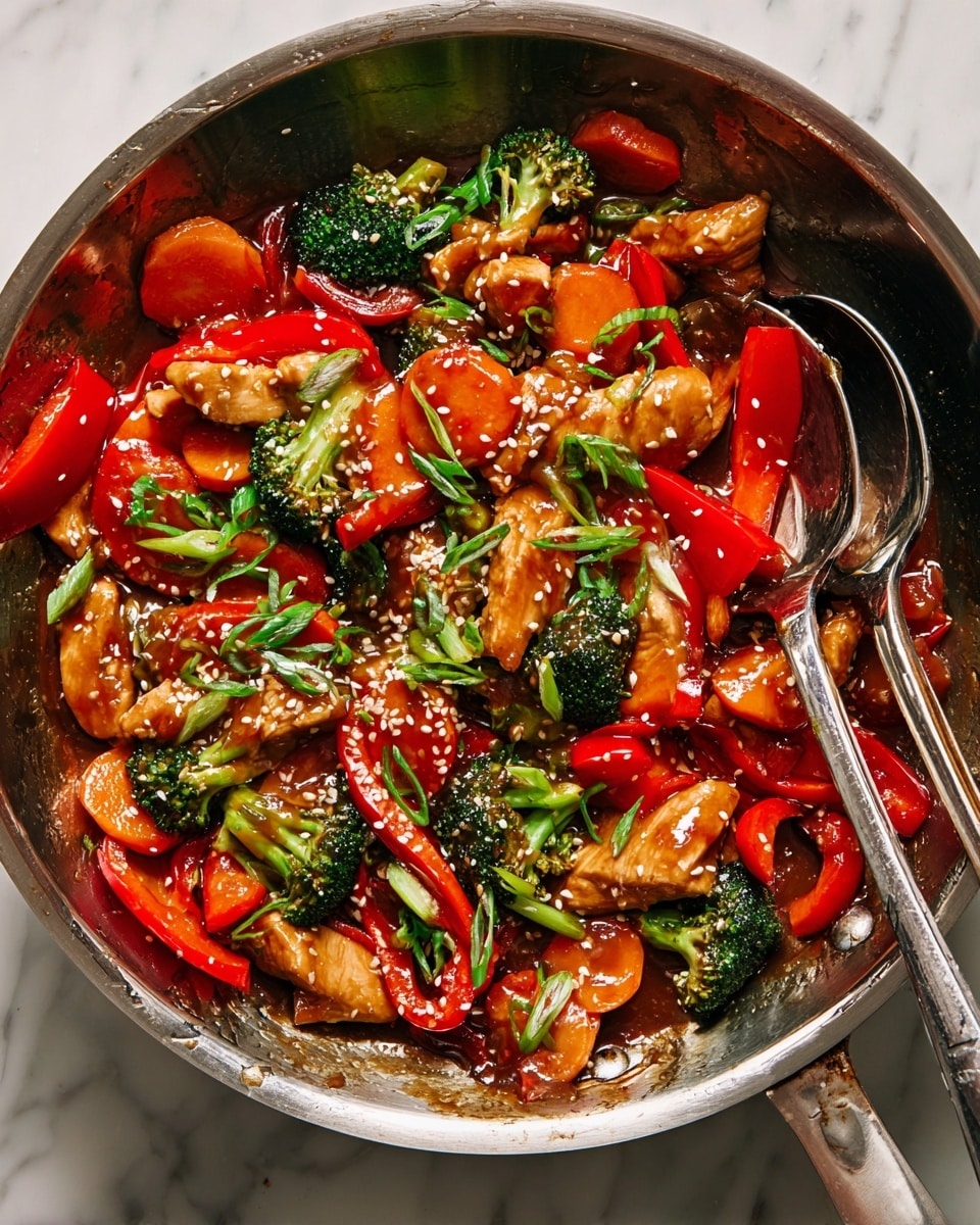 A close-up of a silver pan filled with a colorful stir-fry showing three main layers: at the bottom, glossy brown sauce evenly spread with a smooth texture; in the middle, bright red slices of bell peppers and orange carrot rounds; on the top, pieces of light brown chicken strips, dark green broccoli florets, sprinkled with white sesame seeds and chopped green onions. Two metal cooking spoons are resting in the pan, mixing the ingredients lightly, all set on a white marbled surface. Photo taken with an iphone --ar 4:5 --v 7