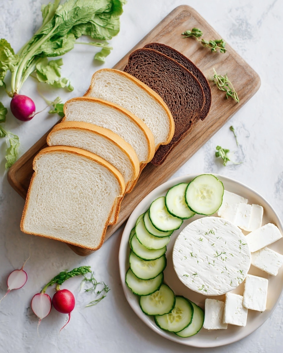The image shows a wooden board with two types of sliced bread arranged in two layers: the front layer has five slices of white bread showing soft, porous texture with light golden edges, while the back layer has five slices of dark brown bread, denser in texture. Below the bread, there is a neat layer of thin, round cucumber slices with light green edges and translucent centers. Next to the board, a white plate holds a round piece of white cheese with small green herbs inside, surrounded by four thick rectangular pieces of the same white cheese. The setup is on a white marbled surface with some fresh green herbs, sliced radish, and a whole radish scattered around. Photo taken with an iphone --ar 4:5 --v 7